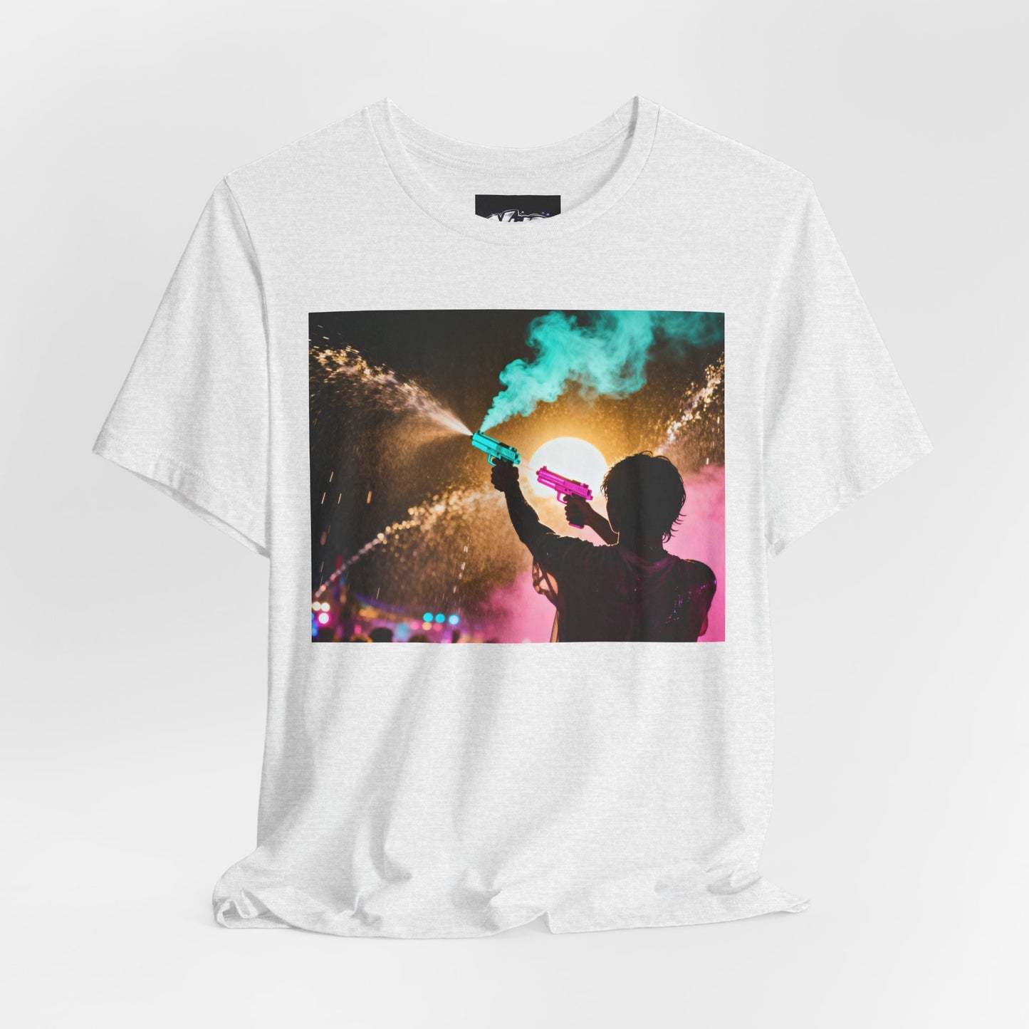Concert Silhouette Tee — Colorful Smoke Festival Photo T‑Shirt