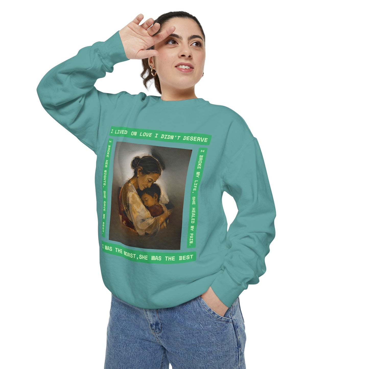 Mother & Child Sweatshirt — Vintage Art Crewneck with "I Lived, I Loved" Quote