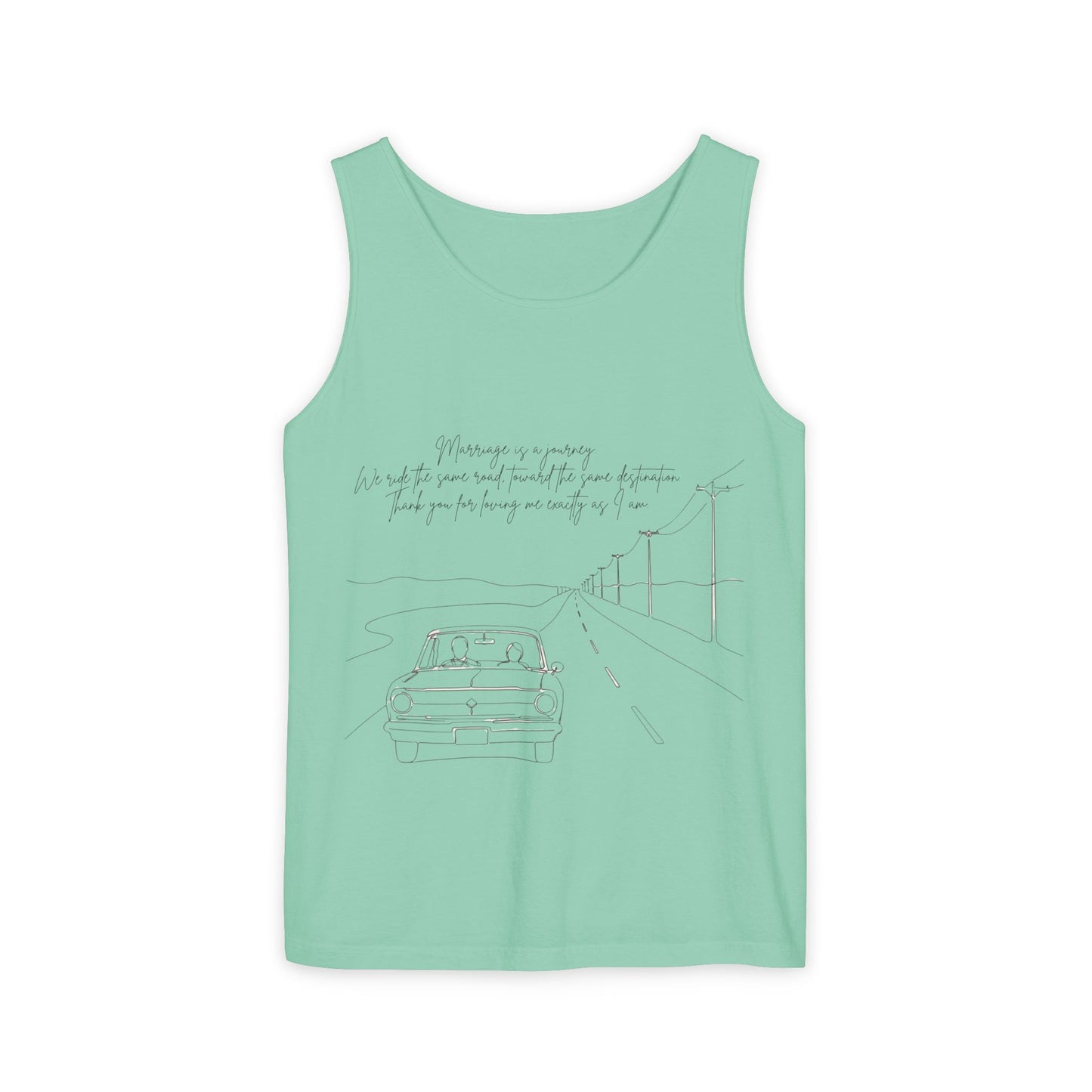 Sketch Roadtrip Tank Top — Minimal Car Line Art with Handwritten Lyric Text