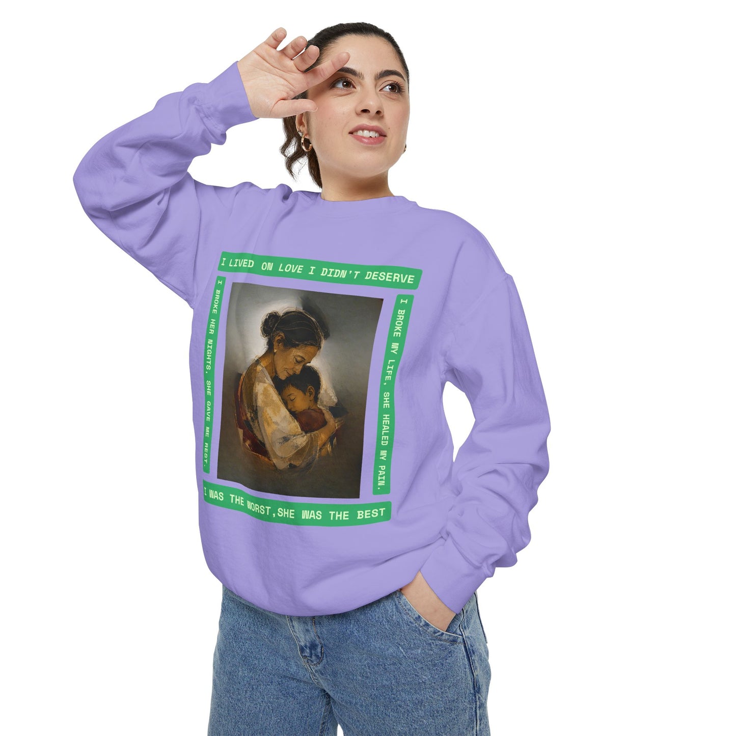Mother & Child Sweatshirt — Vintage Art Crewneck with "I Lived, I Loved" Quote