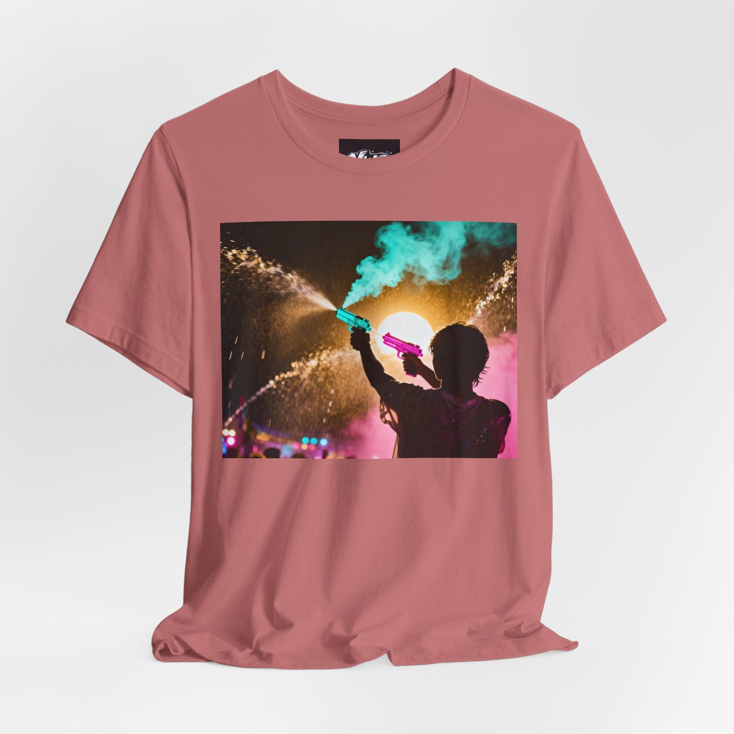 Concert Silhouette Tee — Colorful Smoke Festival Photo T‑Shirt
