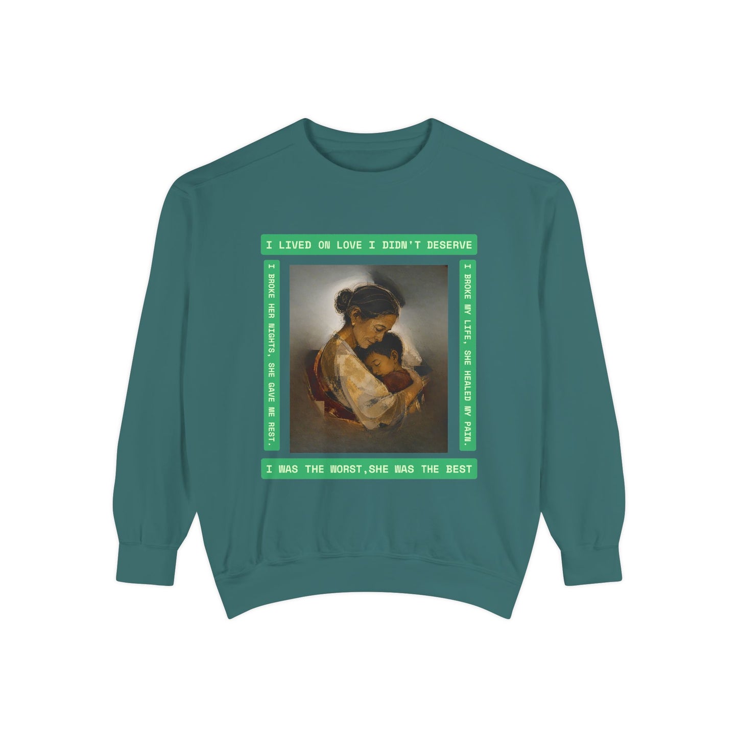 Mother & Child Sweatshirt — Vintage Art Crewneck with "I Lived, I Loved" Quote