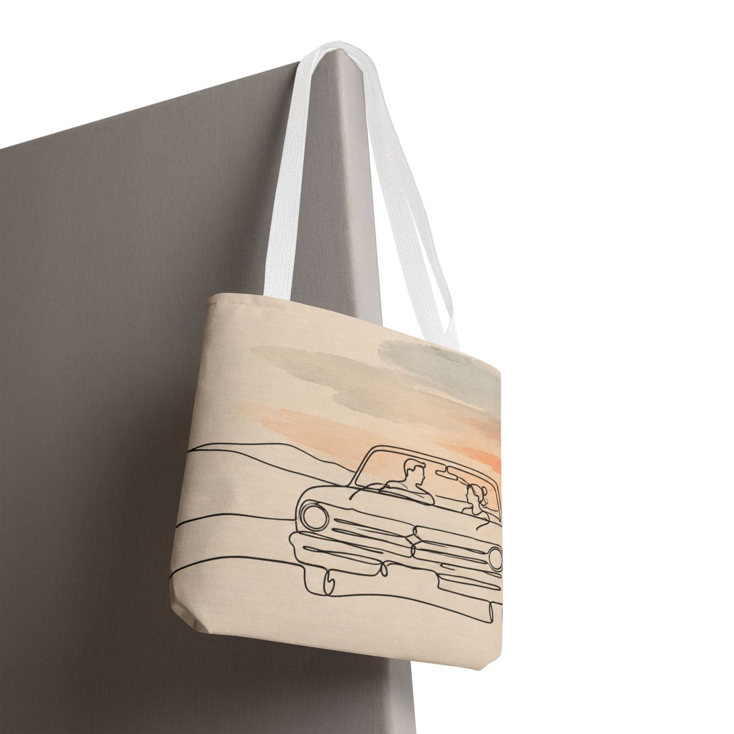 Beach Road Sunset Tote Bag — Hand-Drawn Retro Car & Sunset Illustration