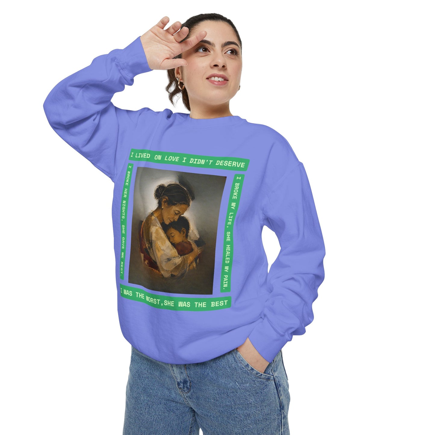 Mother & Child Sweatshirt — Vintage Art Crewneck with "I Lived, I Loved" Quote