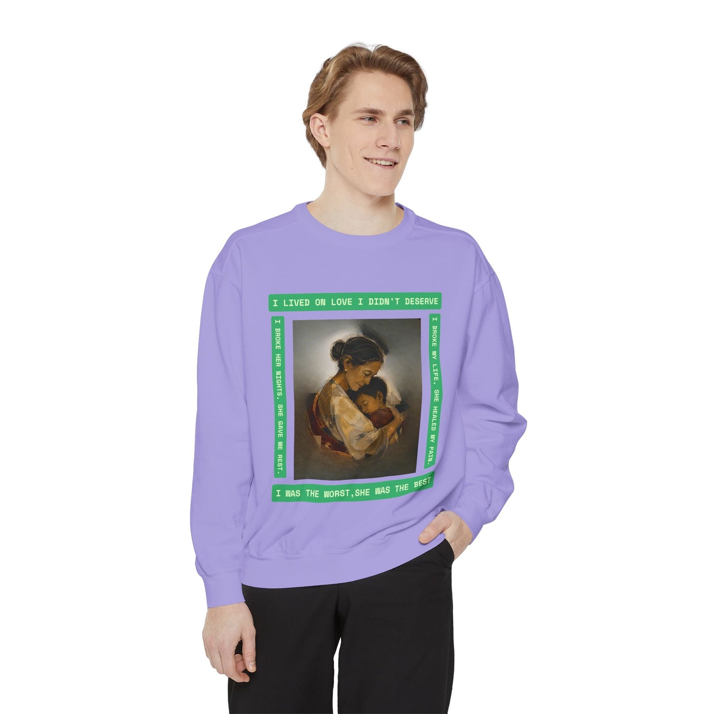 Mother & Child Sweatshirt — Vintage Art Crewneck with "I Lived, I Loved" Quote