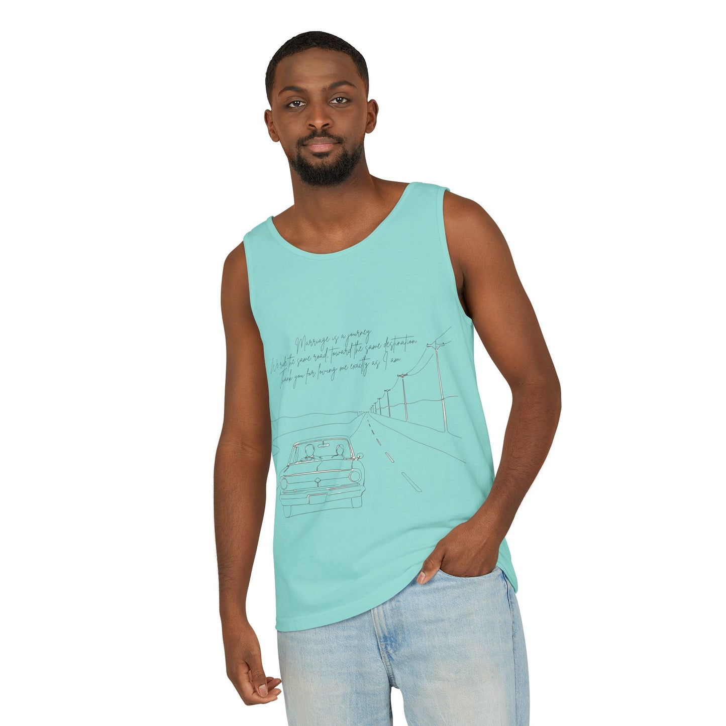 Sketch Roadtrip Tank Top — Minimal Car Line Art with Handwritten Lyric Text