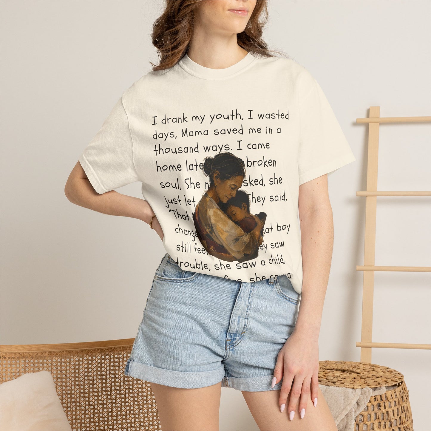 Mama Saved Me T-Shirt — Vintage Mother & Child Illustration with Poem