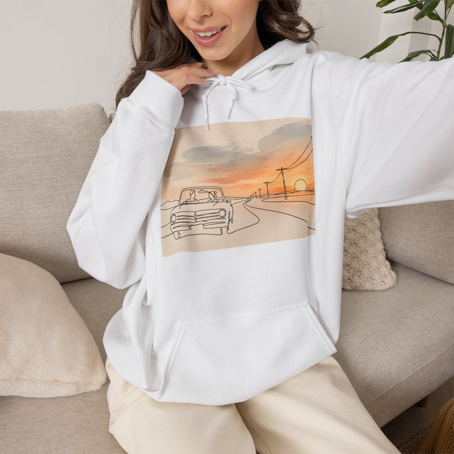 Sunset Drive Hoodie – Retro Car Road Trip Graphic Sweatshirt
