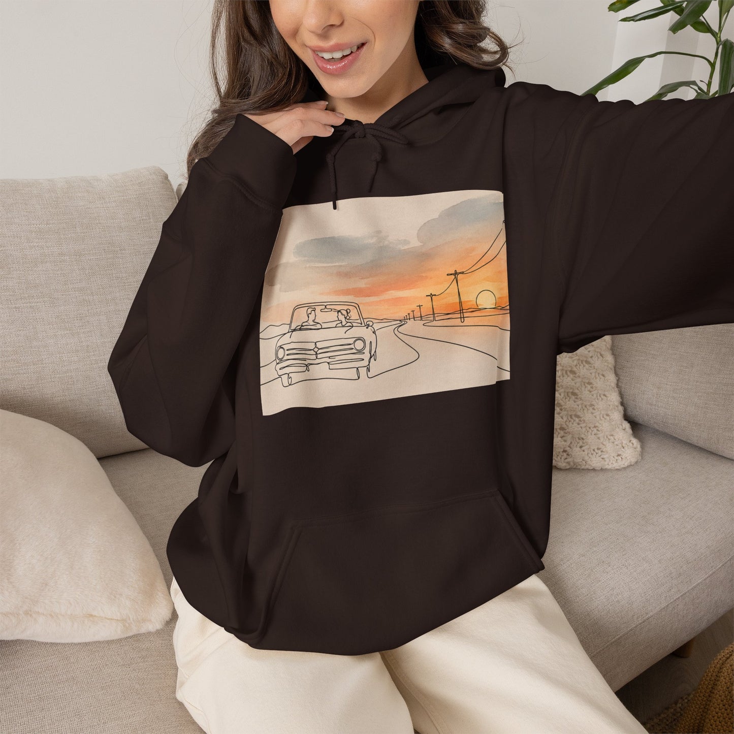 Sunset Drive Hoodie – Retro Car Road Trip Graphic Sweatshirt