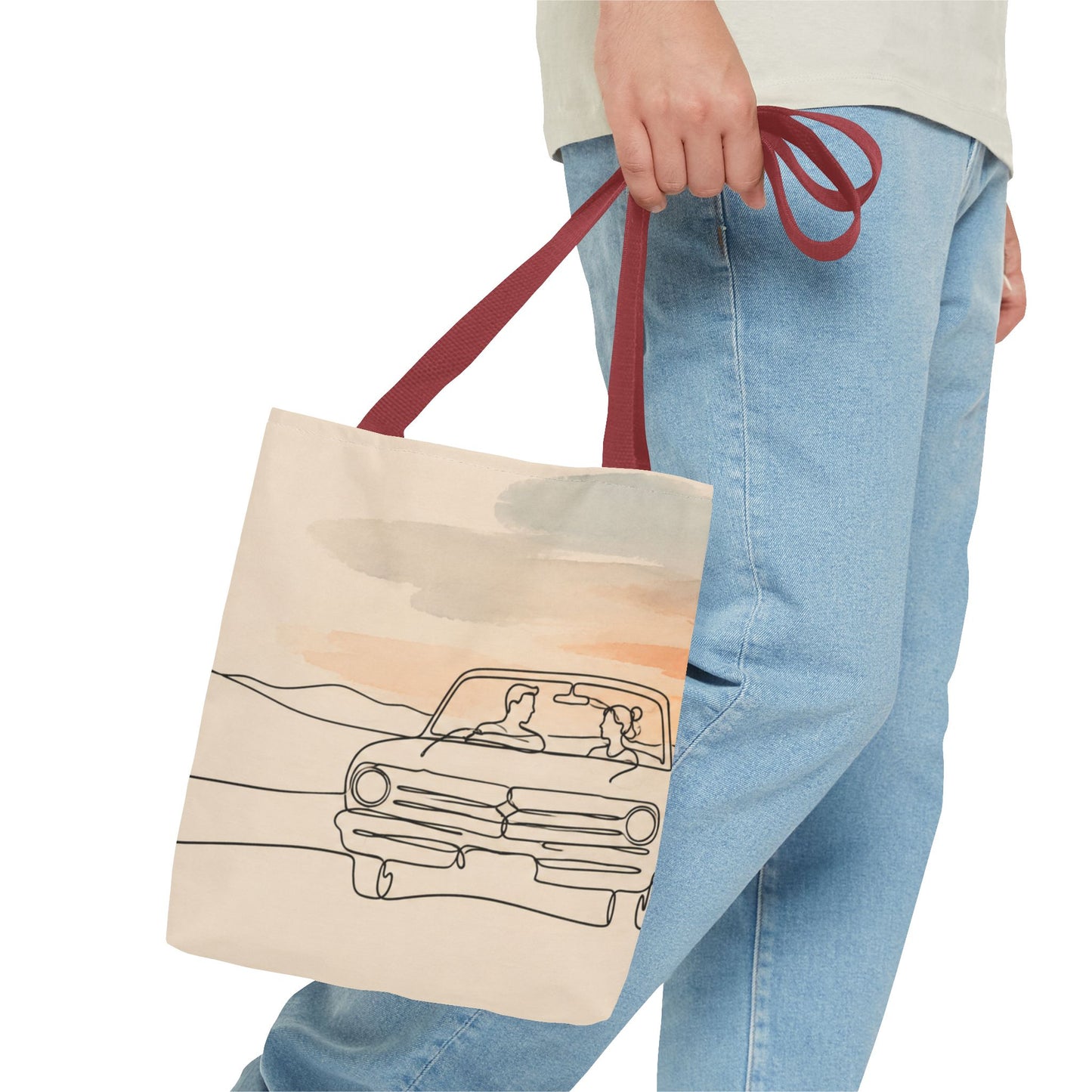 Beach Road Sunset Tote Bag — Hand-Drawn Retro Car & Sunset Illustration