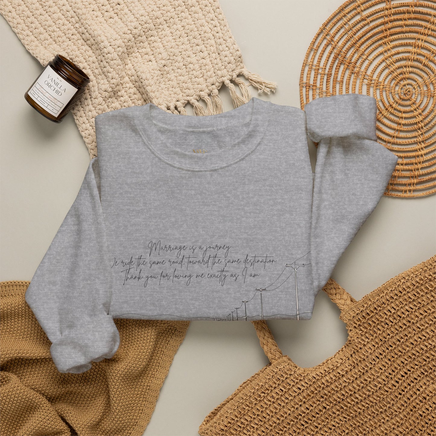 Crewneck Sweatshirt — Minimal Road Sketch Graphic with Handwritten Lyrics