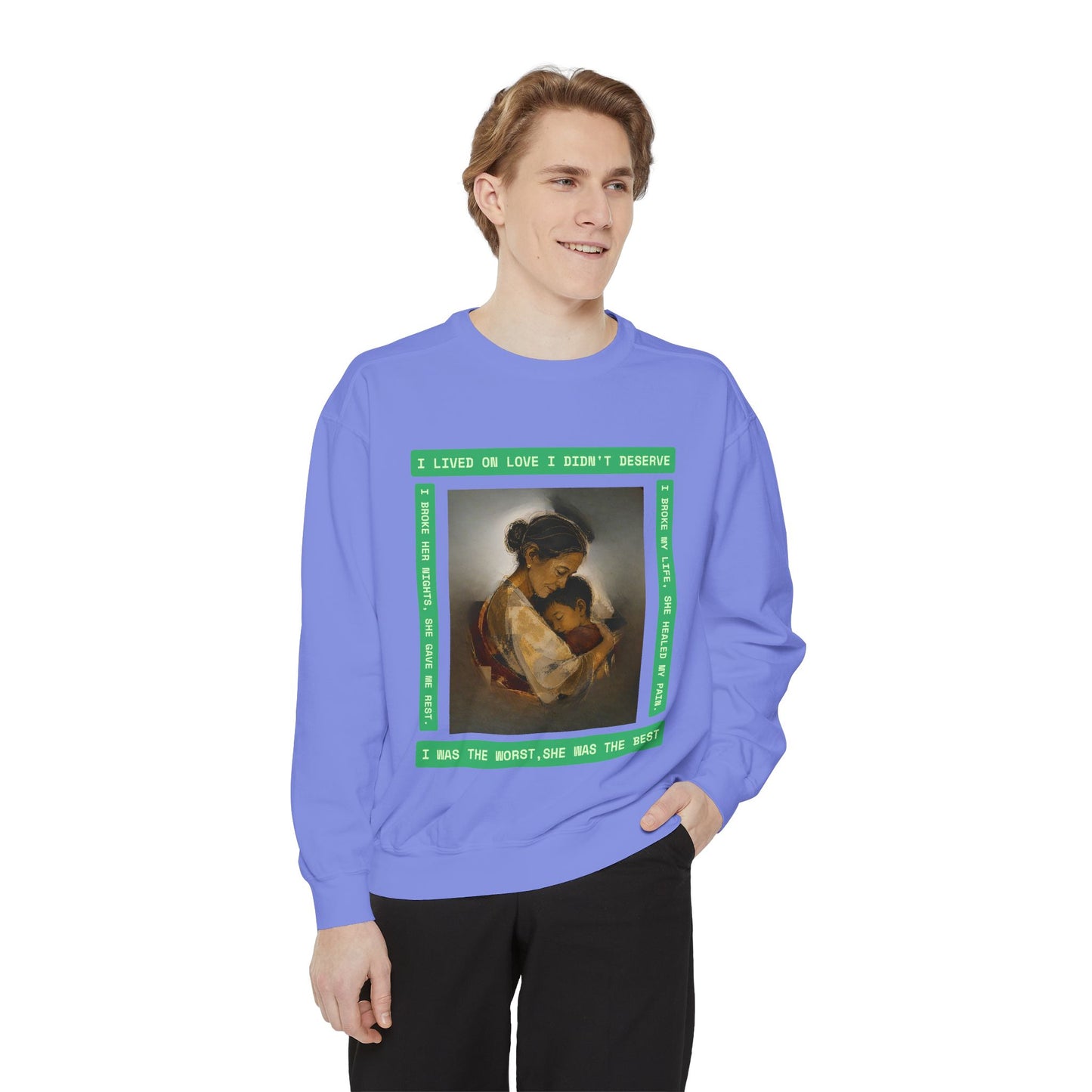 Mother & Child Sweatshirt — Vintage Art Crewneck with "I Lived, I Loved" Quote