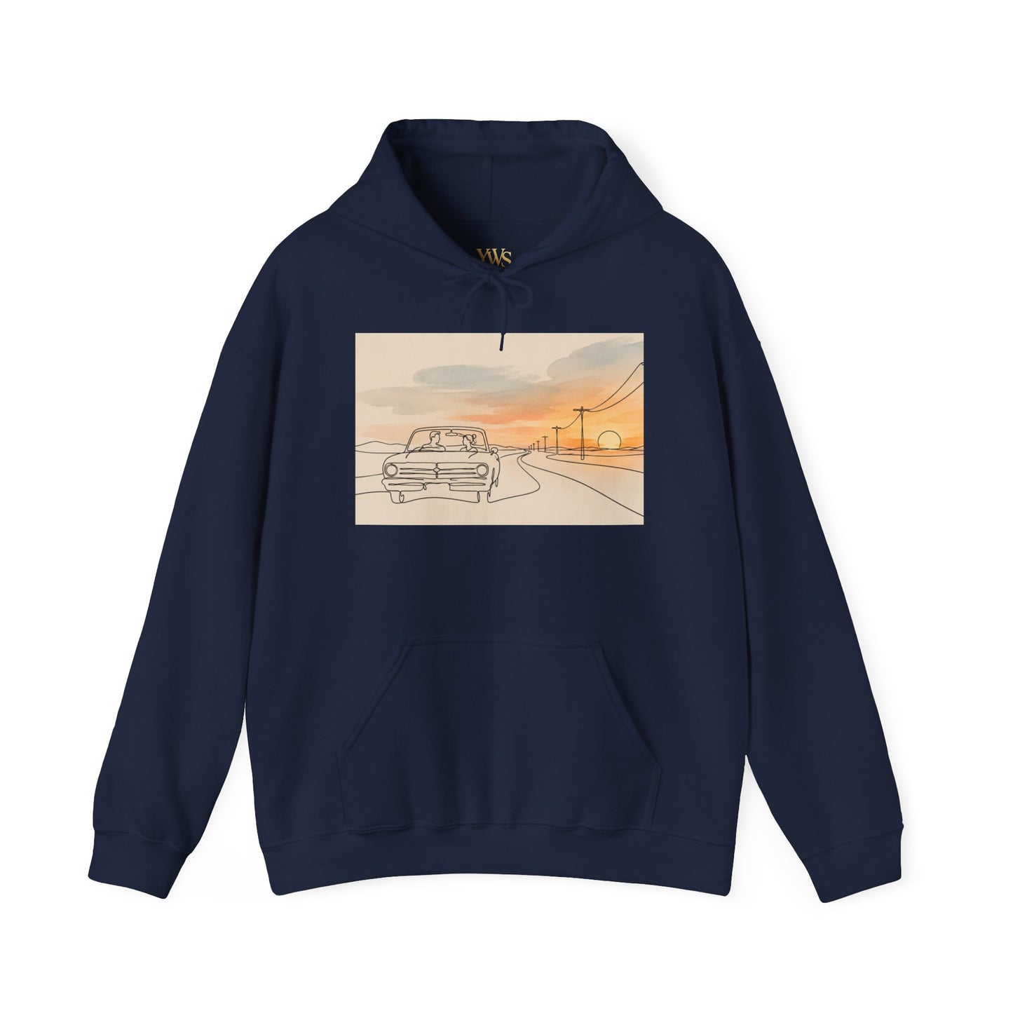 Sunset Drive Hoodie – Retro Car Road Trip Graphic Sweatshirt