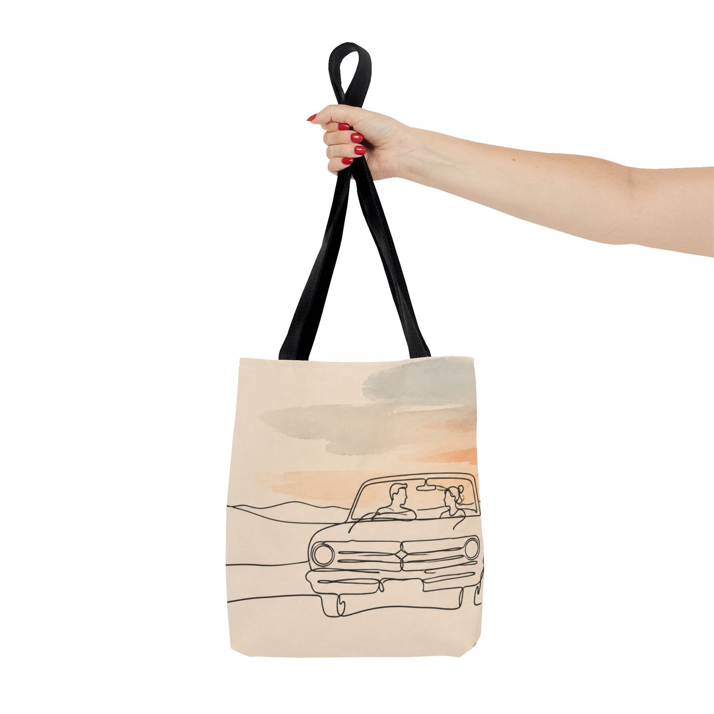 Beach Road Sunset Tote Bag — Hand-Drawn Retro Car & Sunset Illustration