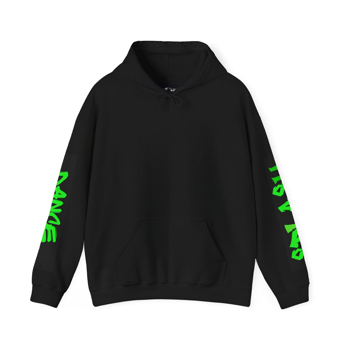 Graphic Sleeve Hoodie — Neon Green Streetwear Text on White Hooded Sweatshirt