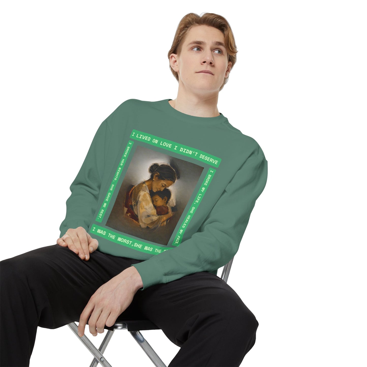 Mother & Child Sweatshirt — Vintage Art Crewneck with "I Lived, I Loved" Quote