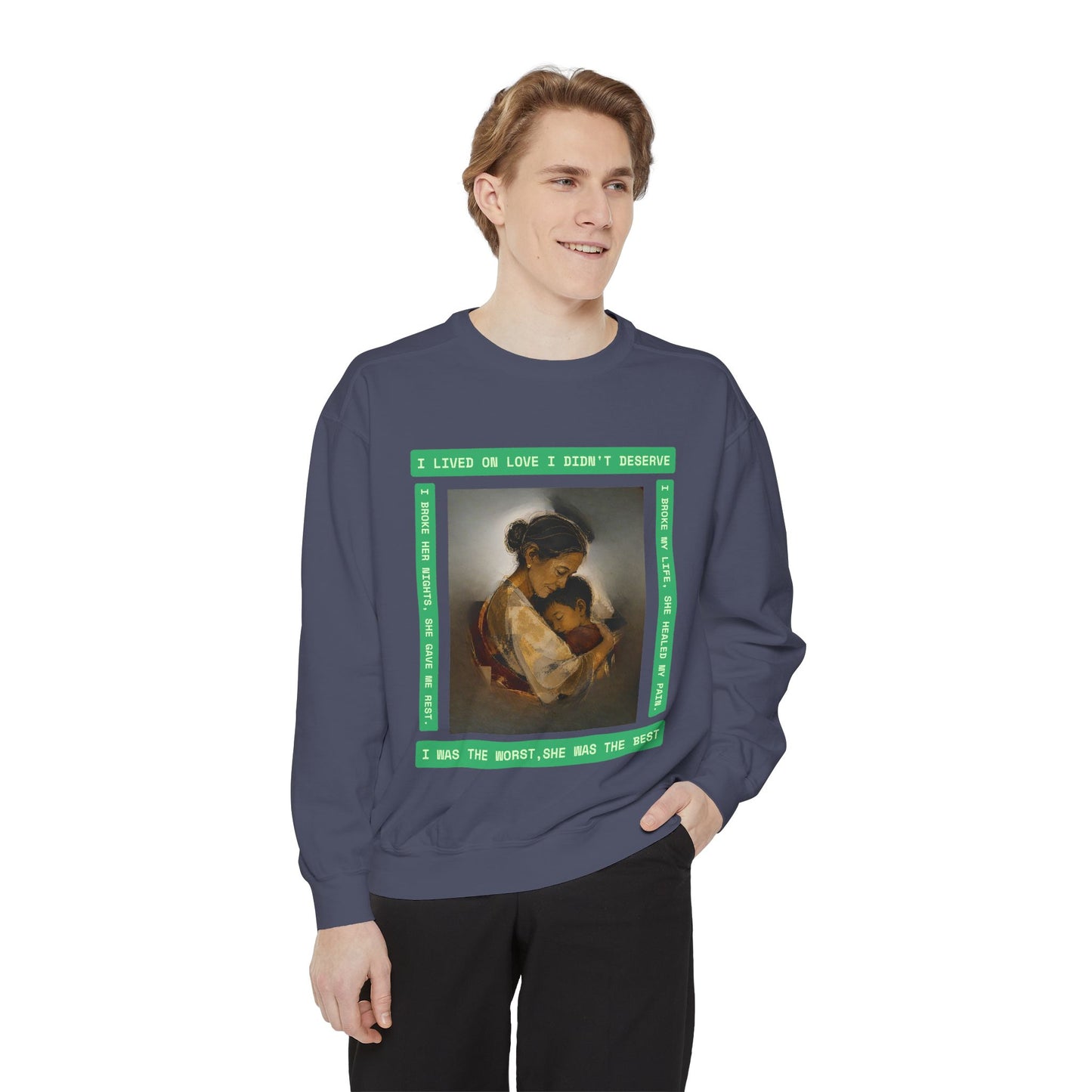 Mother & Child Sweatshirt — Vintage Art Crewneck with "I Lived, I Loved" Quote