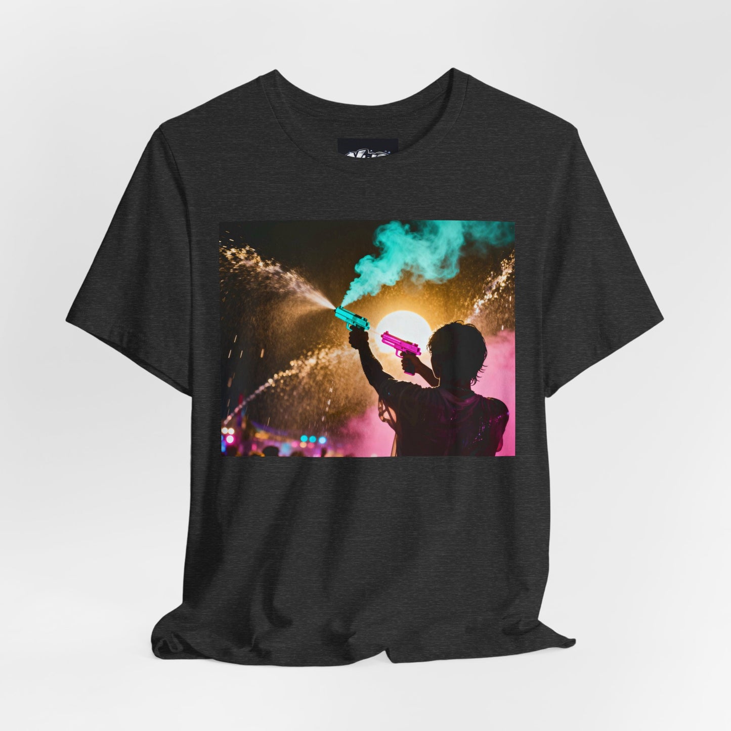 Concert Silhouette Tee — Colorful Smoke Festival Photo T‑Shirt
