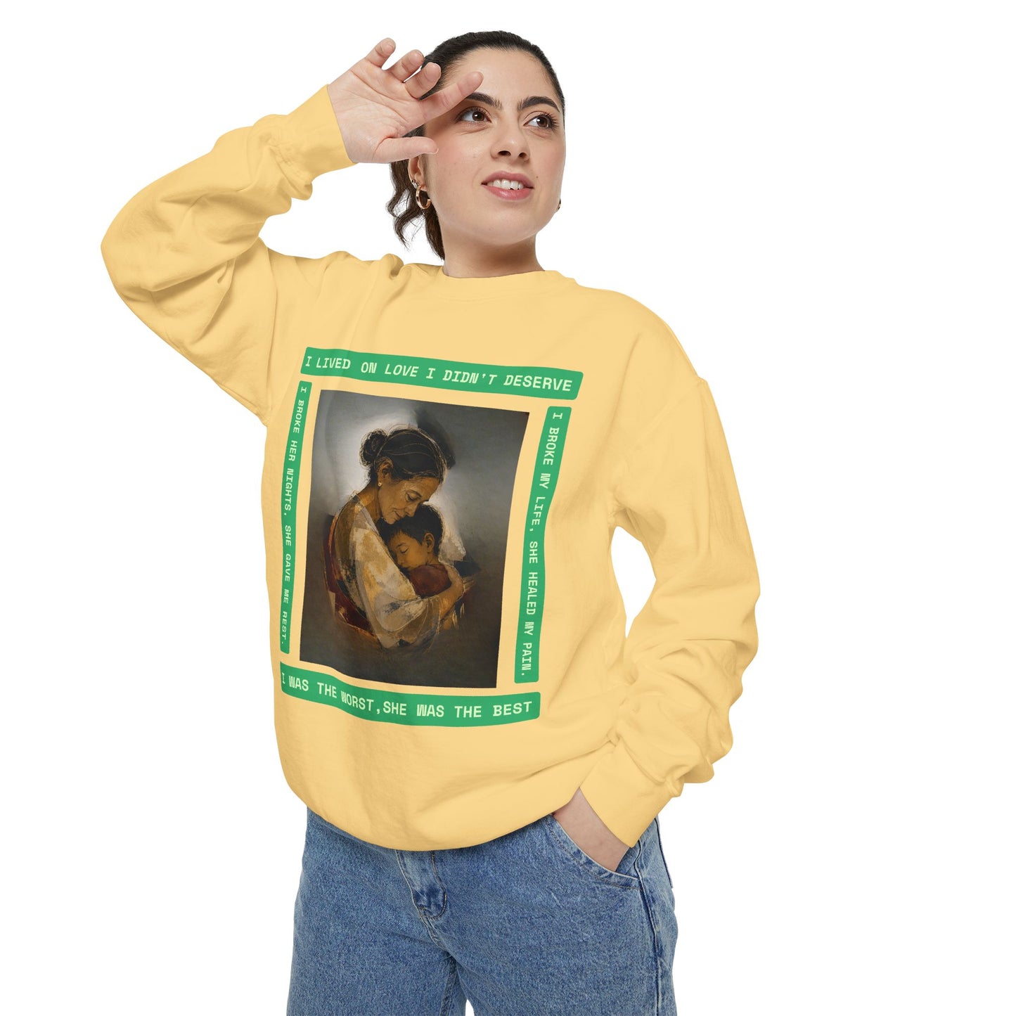 Mother & Child Sweatshirt — Vintage Art Crewneck with "I Lived, I Loved" Quote