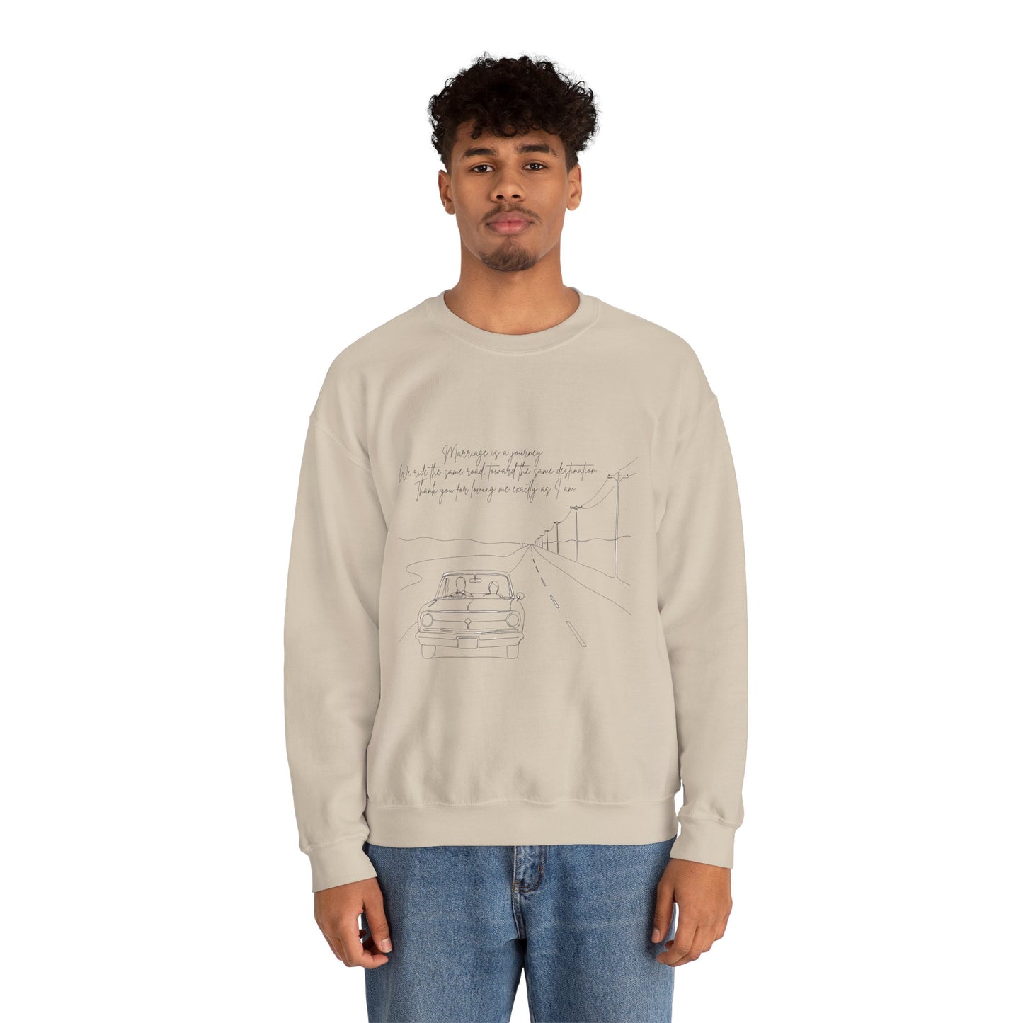 Crewneck Sweatshirt — Minimal Road Sketch Graphic with Handwritten Lyrics