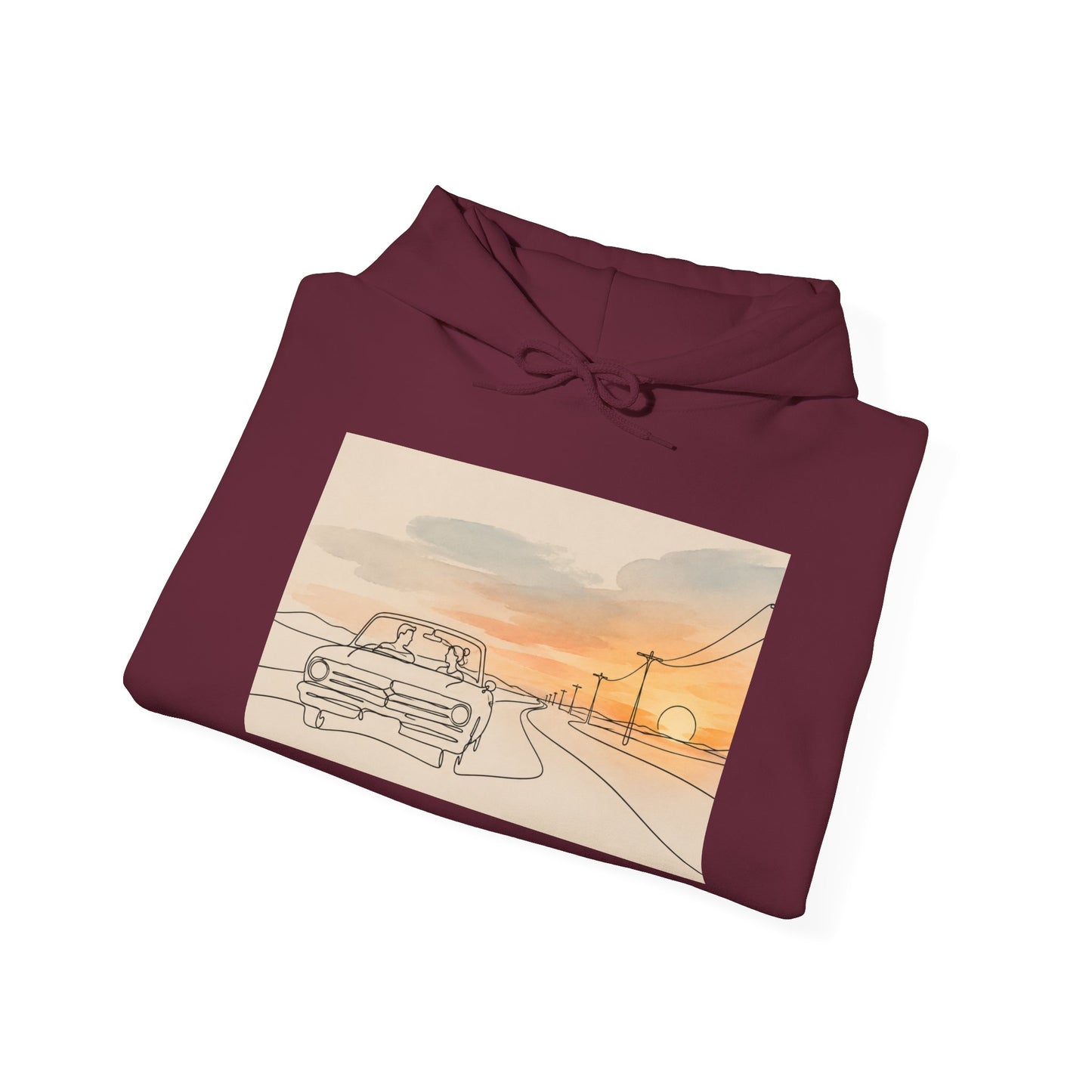 Sunset Drive Hoodie – Retro Car Road Trip Graphic Sweatshirt
