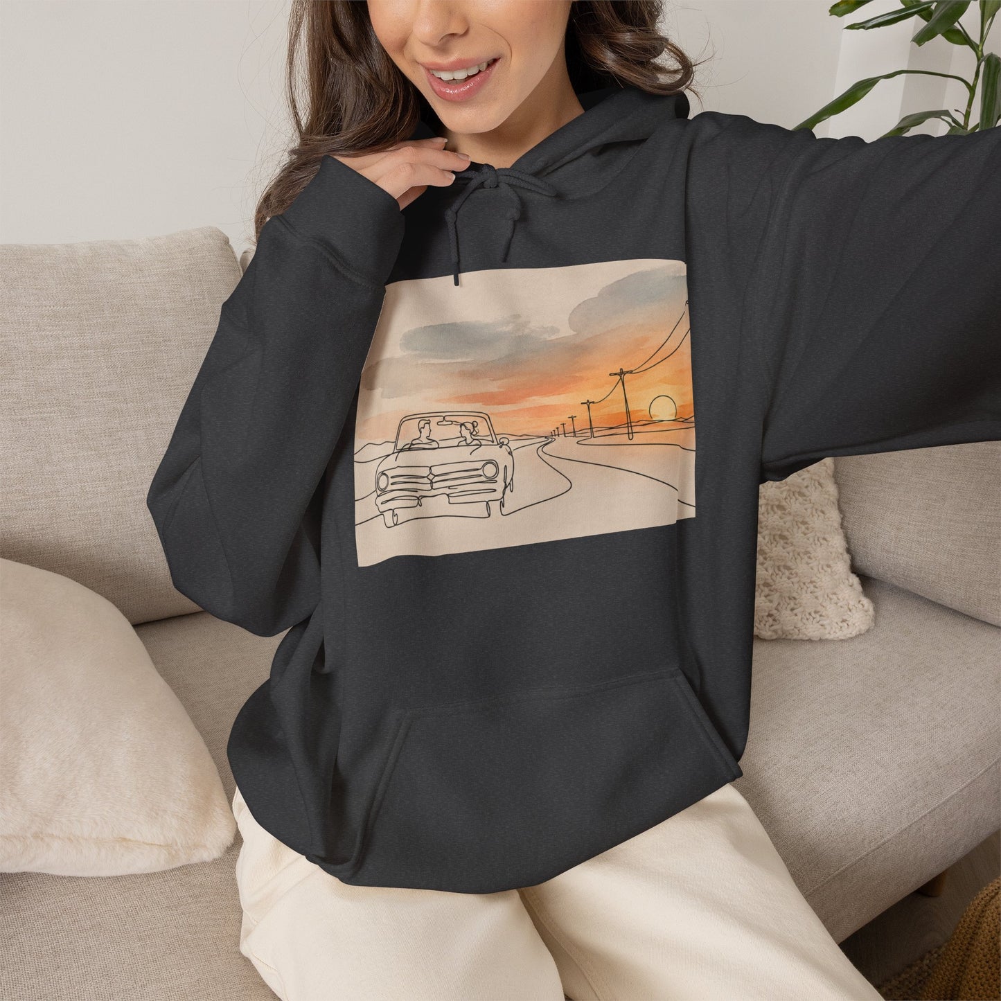 Sunset Drive Hoodie – Retro Car Road Trip Graphic Sweatshirt