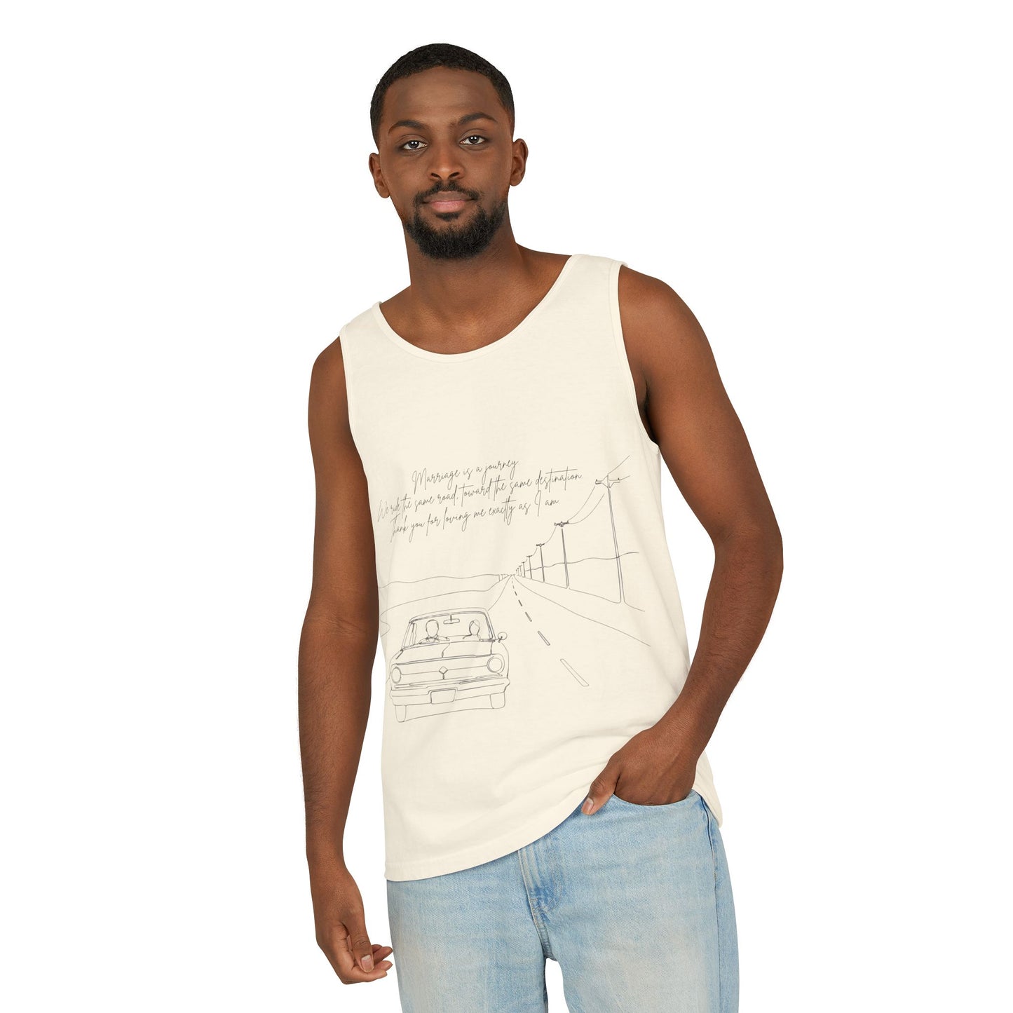 Sketch Roadtrip Tank Top — Minimal Car Line Art with Handwritten Lyric Text