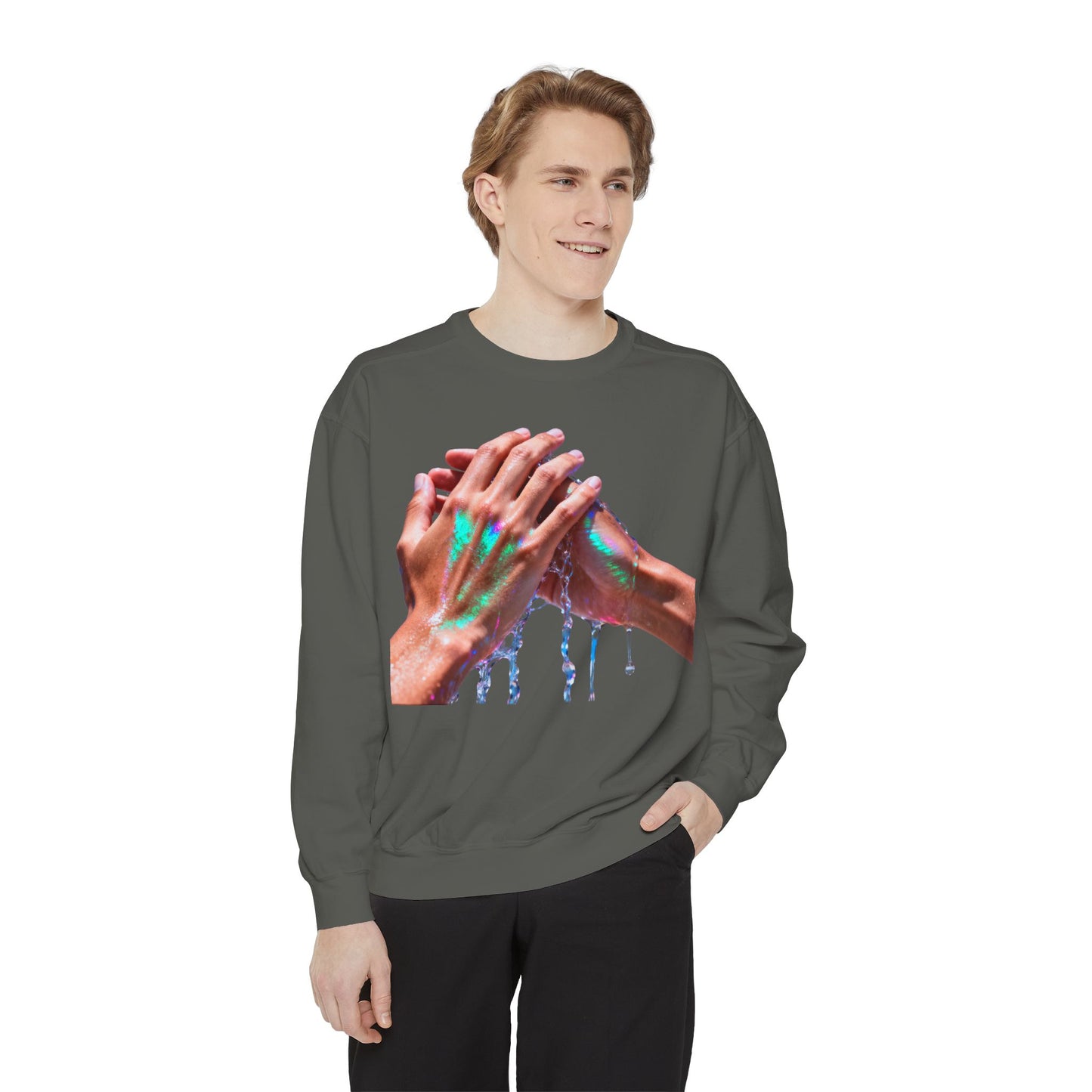 Hands Washing Art Sweatshirt — Colorful Dripping Paint Graphic Crewneck