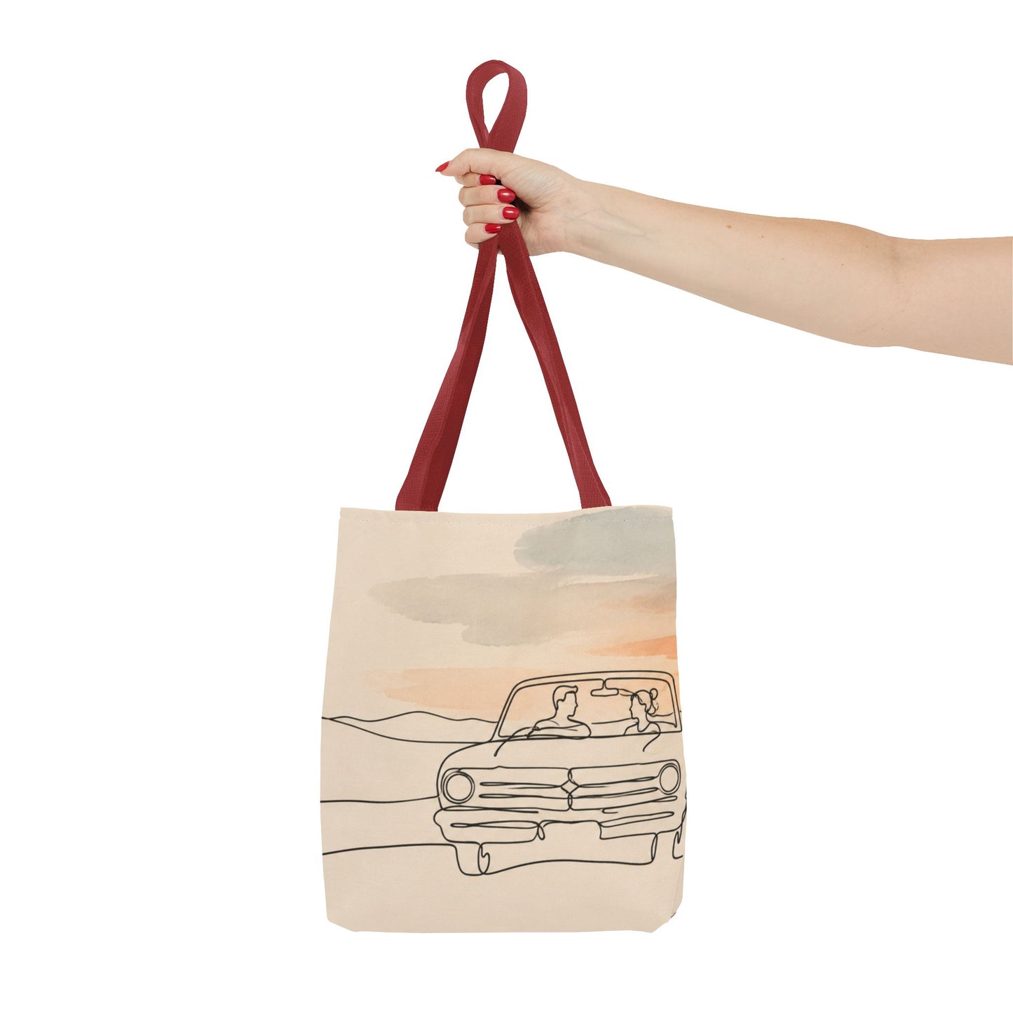 Beach Road Sunset Tote Bag — Hand-Drawn Retro Car & Sunset Illustration