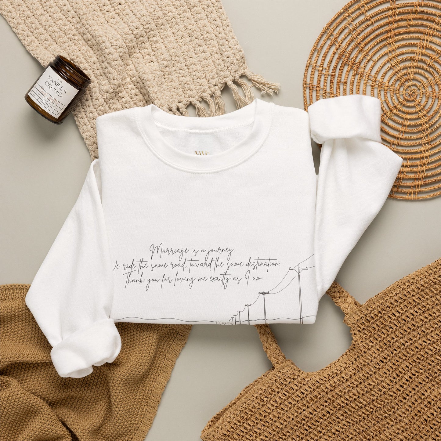 Crewneck Sweatshirt — Minimal Road Sketch Graphic with Handwritten Lyrics