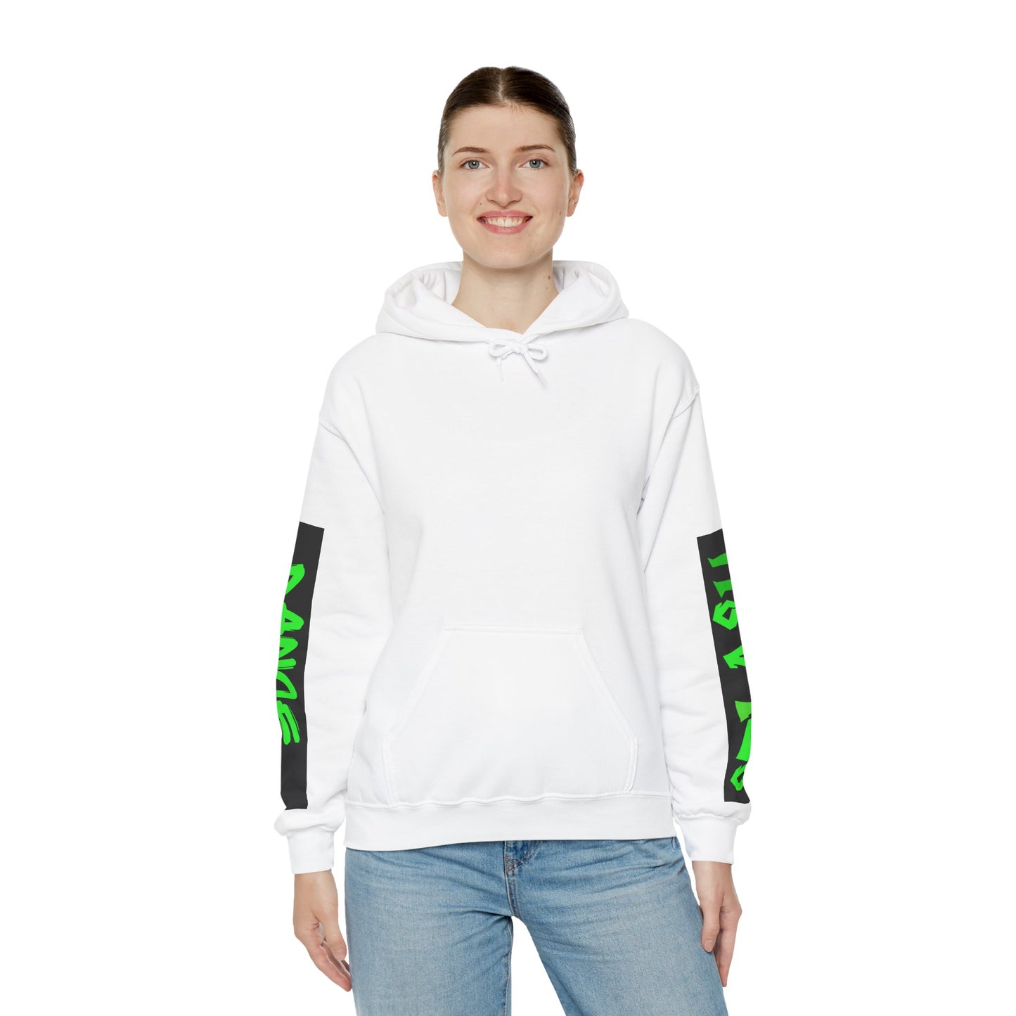 Graphic Sleeve Hoodie — Neon Green Streetwear Text on White Hooded Sweatshirt