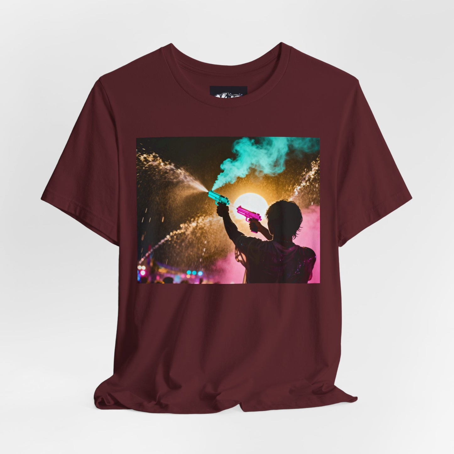 Concert Silhouette Tee — Colorful Smoke Festival Photo T‑Shirt