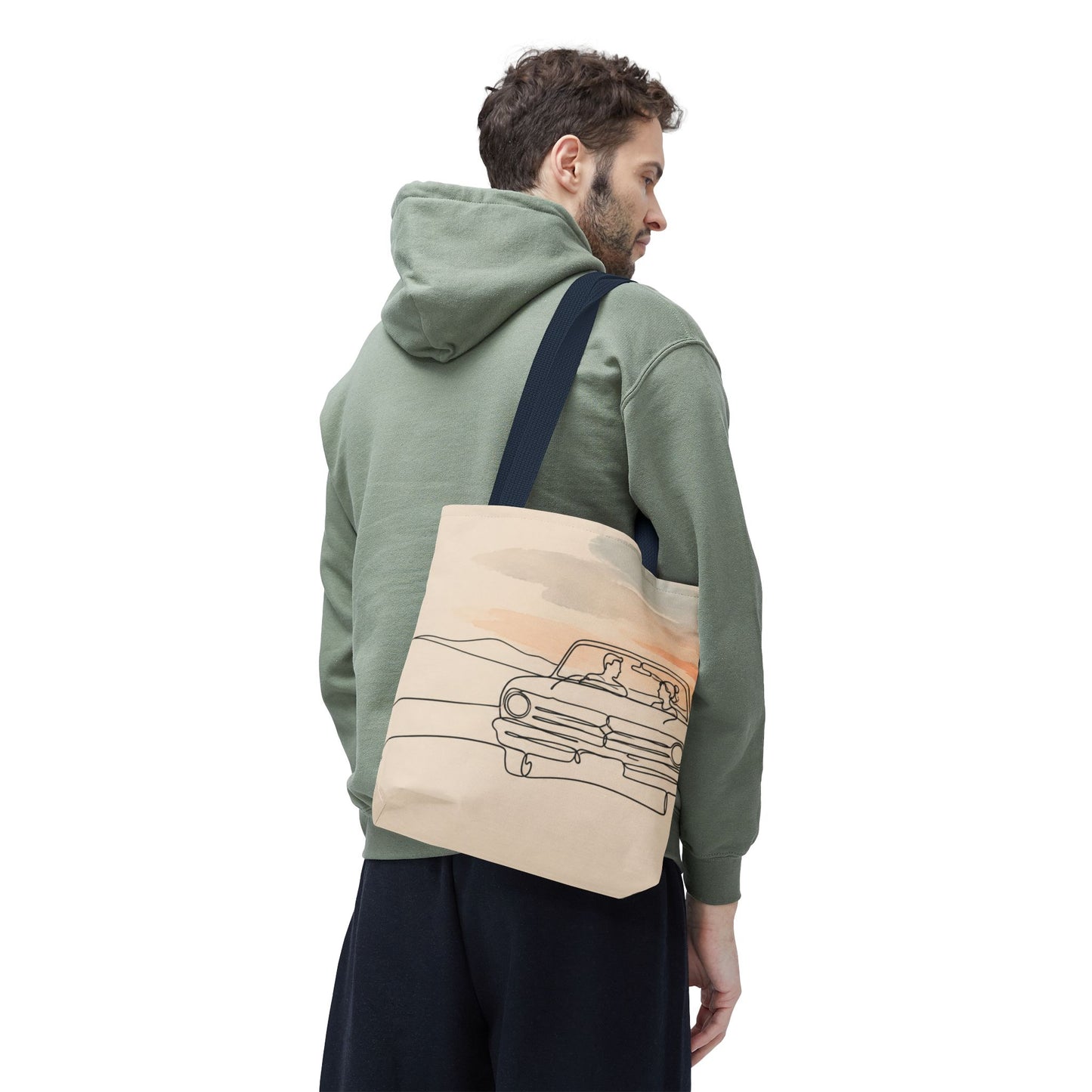 Beach Road Sunset Tote Bag — Hand-Drawn Retro Car & Sunset Illustration