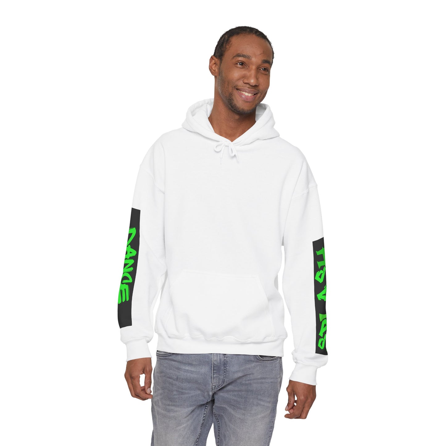 Graphic Sleeve Hoodie — Neon Green Streetwear Text on White Hooded Sweatshirt