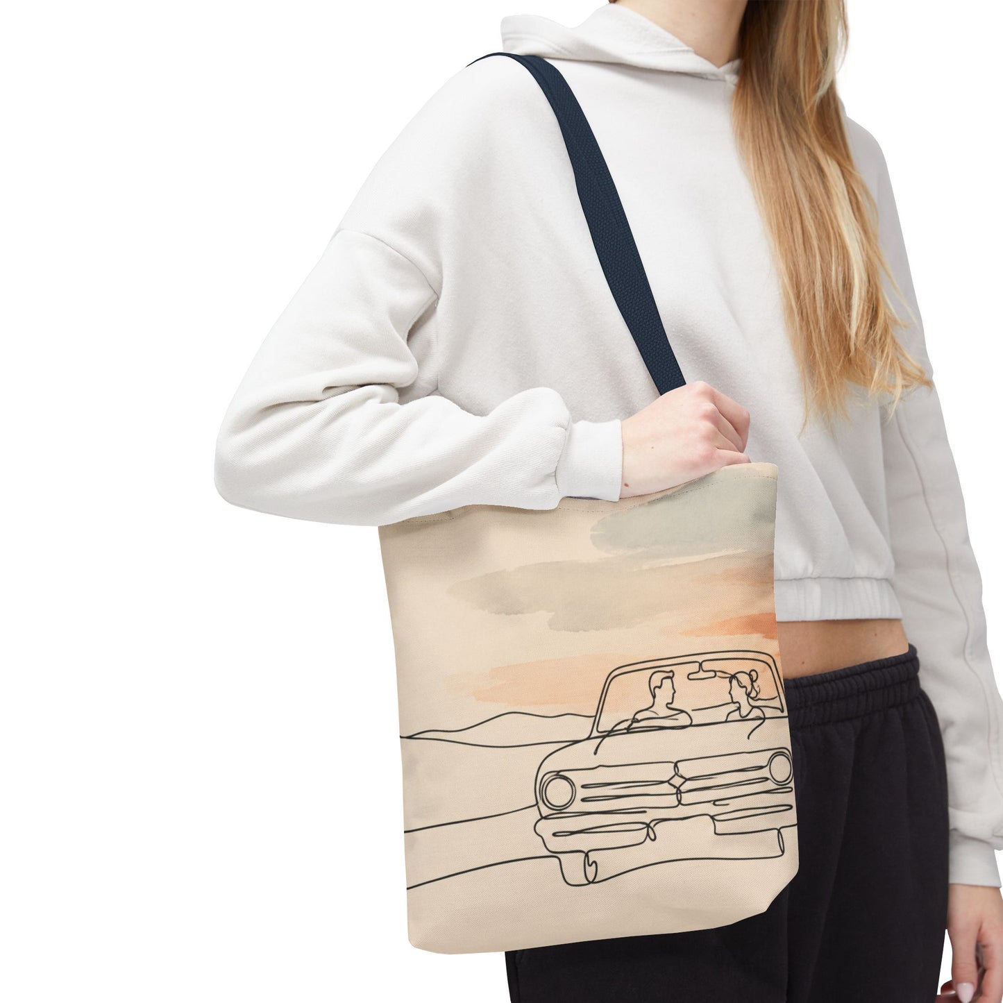Beach Road Sunset Tote Bag — Hand-Drawn Retro Car & Sunset Illustration
