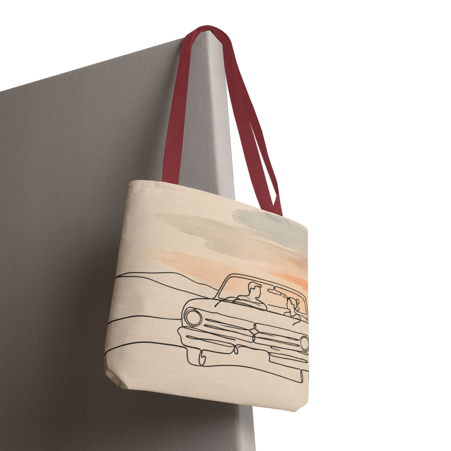 Beach Road Sunset Tote Bag — Hand-Drawn Retro Car & Sunset Illustration
