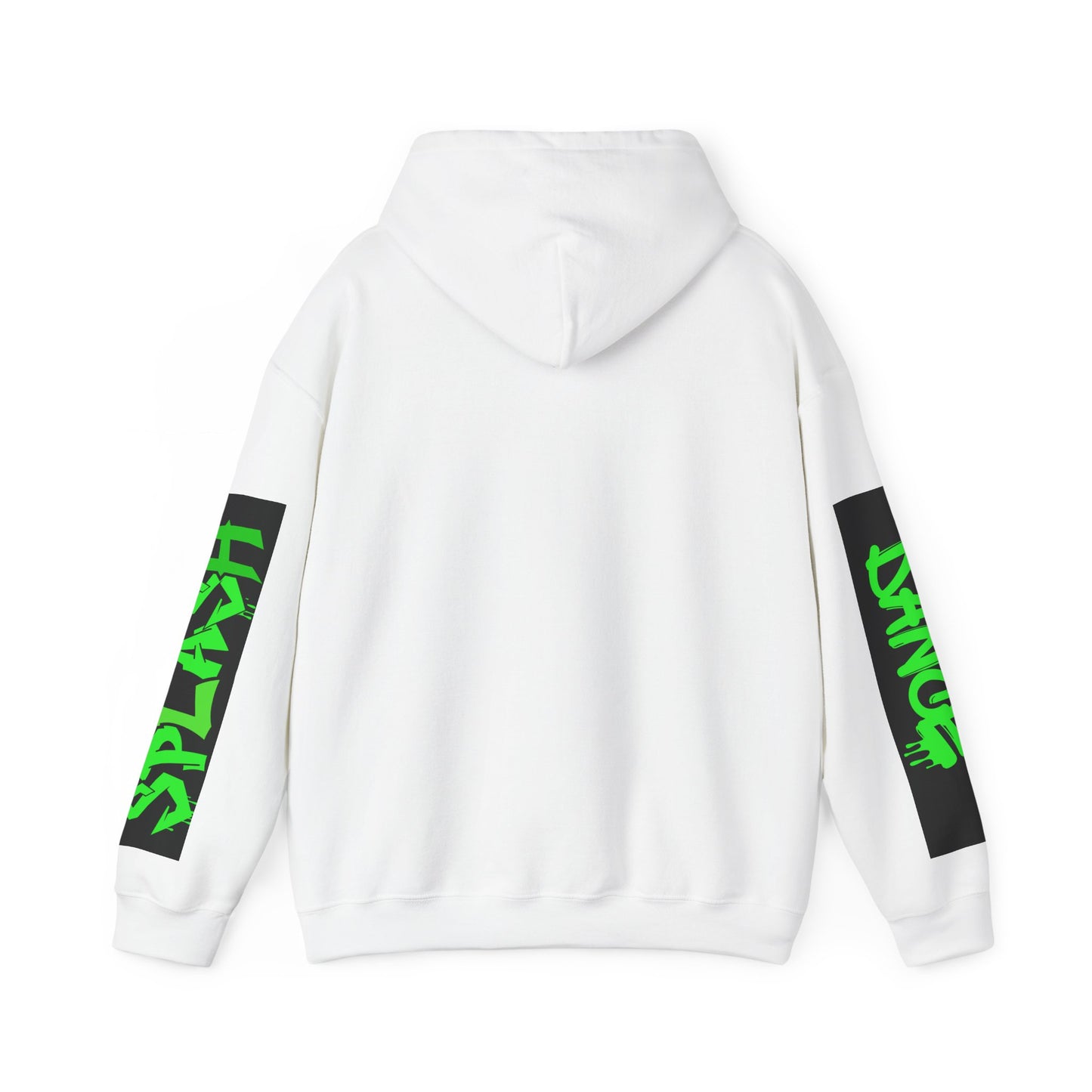 Graphic Sleeve Hoodie — Neon Green Streetwear Text on White Hooded Sweatshirt