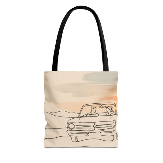 Beach Road Sunset Tote Bag — Hand-Drawn Retro Car & Sunset Illustration