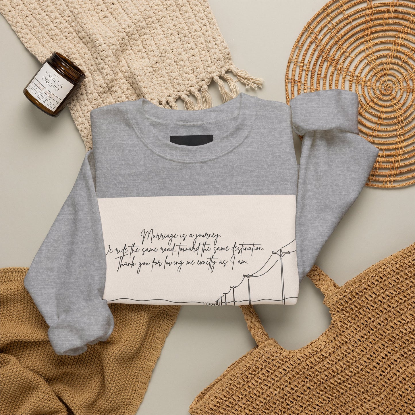Graphic Sweatshirt — Minimal Line Art Road Trip Design with Inspirational Script