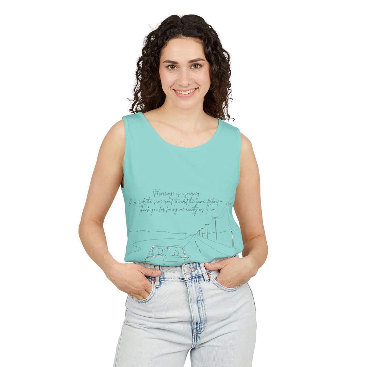 Sketch Roadtrip Tank Top — Minimal Car Line Art with Handwritten Lyric Text