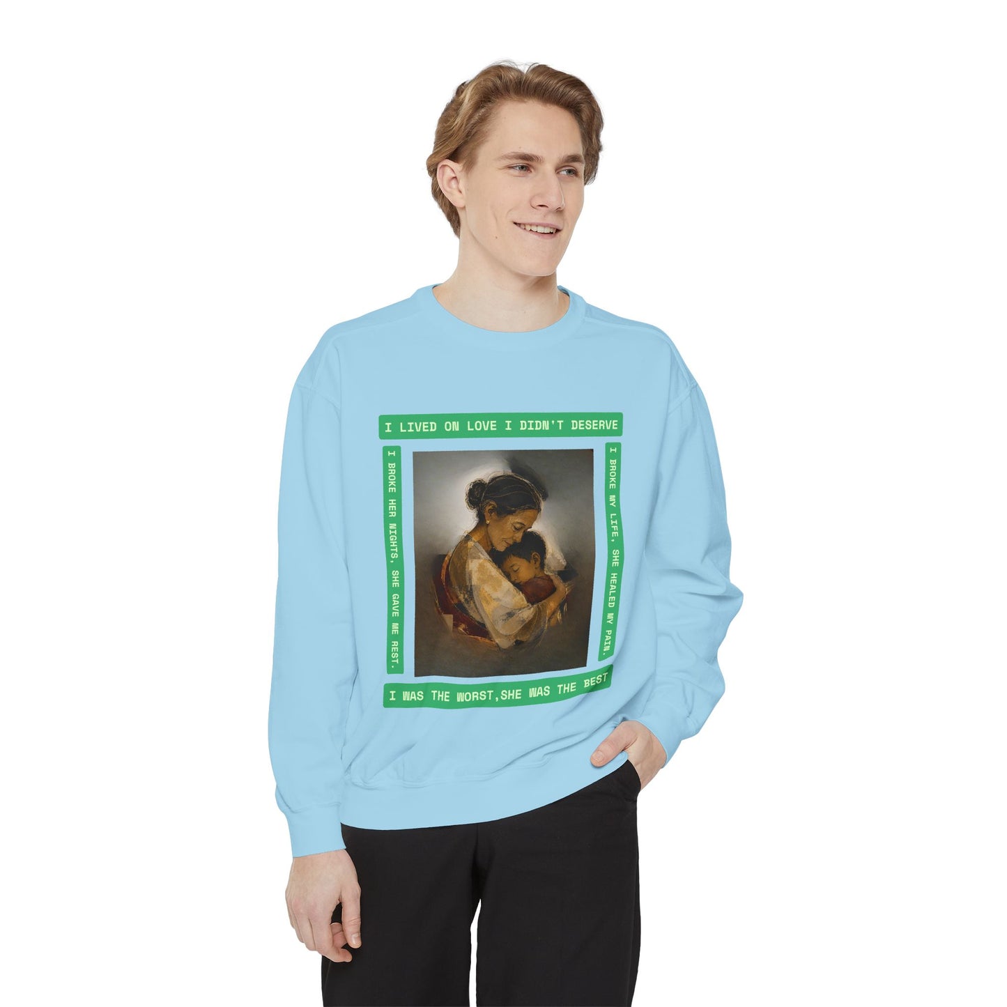 Mother & Child Sweatshirt — Vintage Art Crewneck with "I Lived, I Loved" Quote