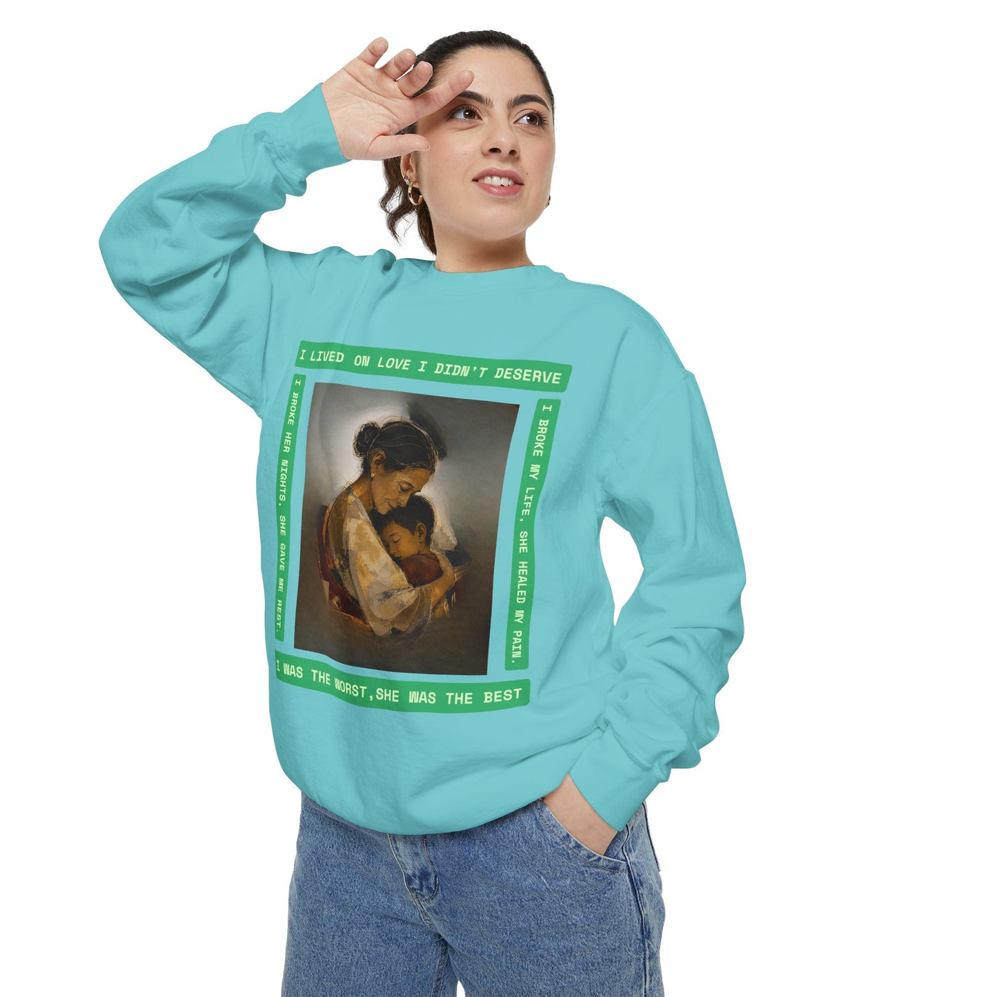 Mother & Child Sweatshirt — Vintage Art Crewneck with "I Lived, I Loved" Quote