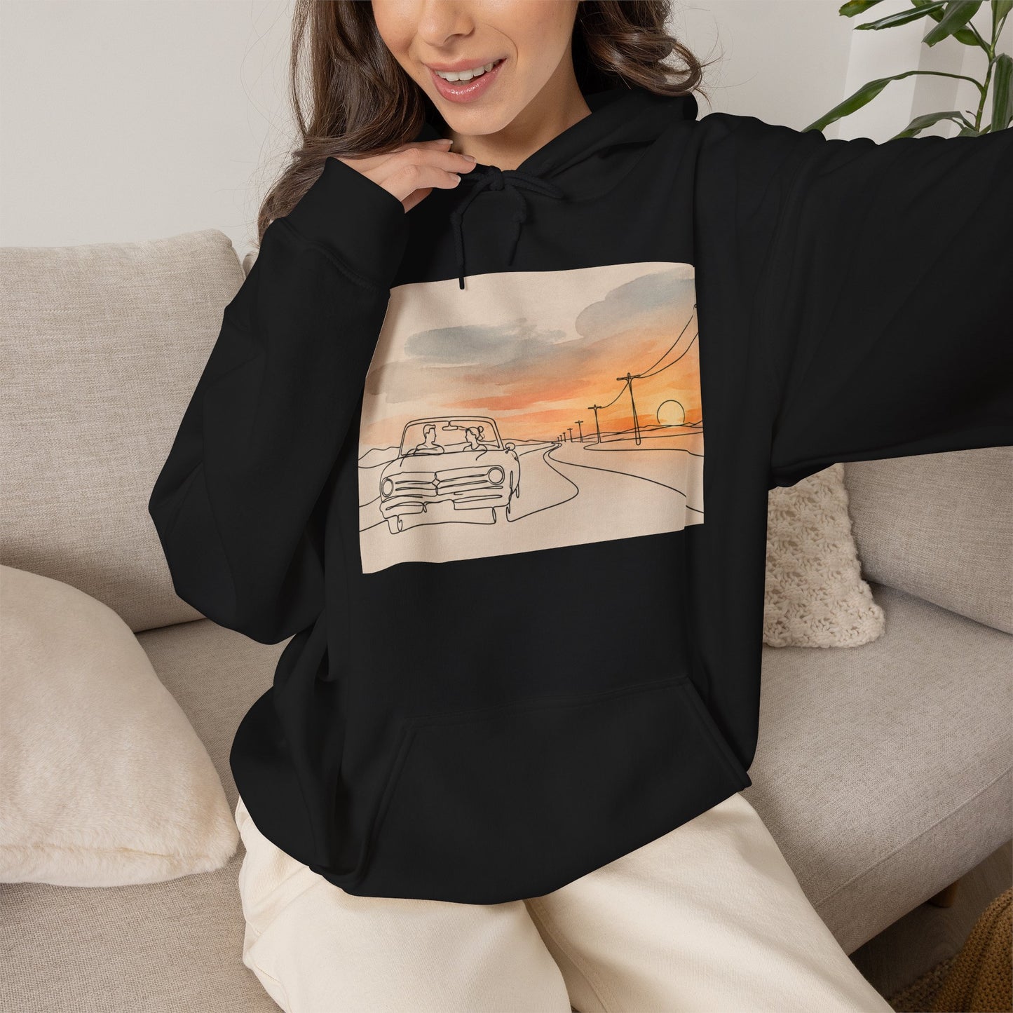 Sunset Drive Hoodie – Retro Car Road Trip Graphic Sweatshirt