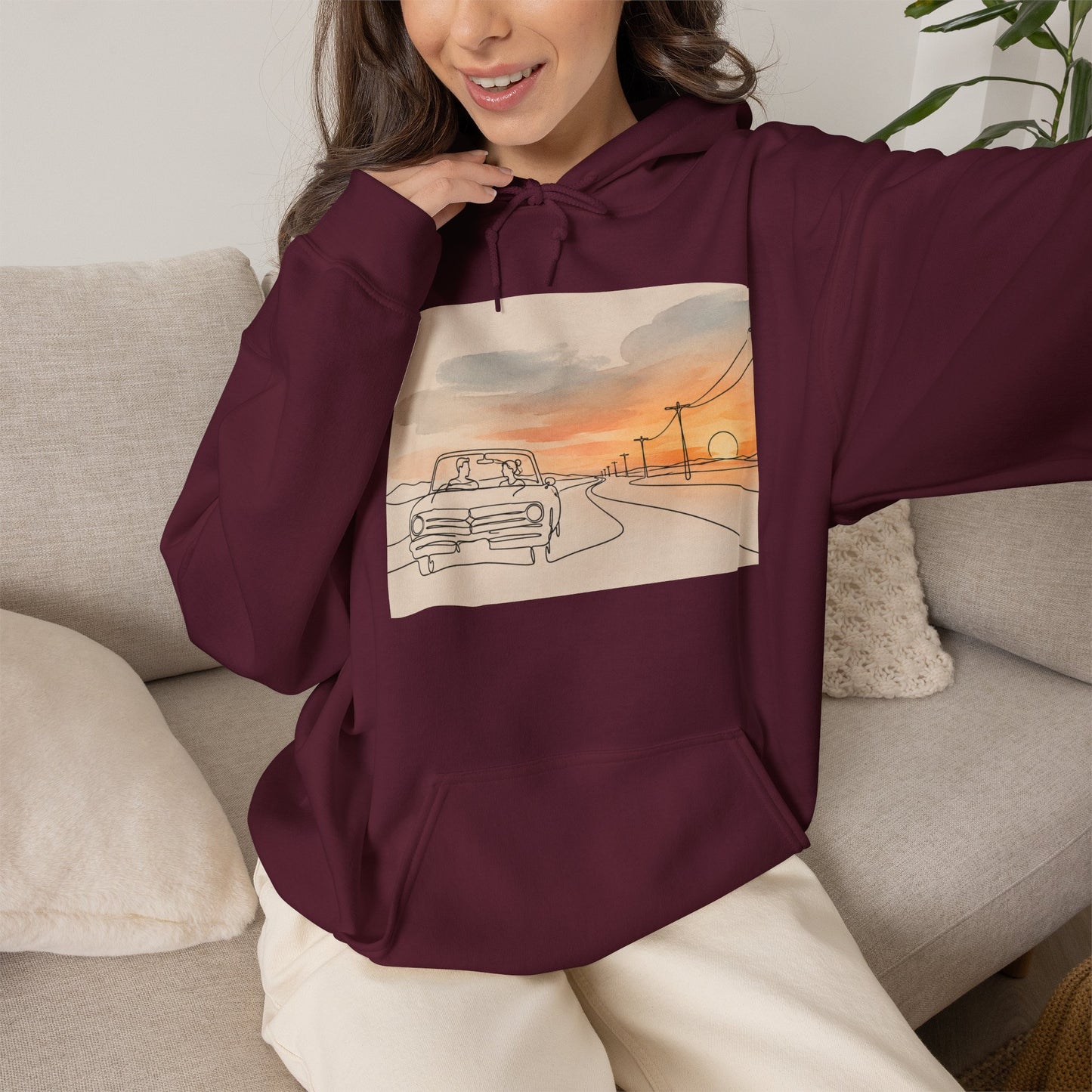 Sunset Drive Hoodie – Retro Car Road Trip Graphic Sweatshirt