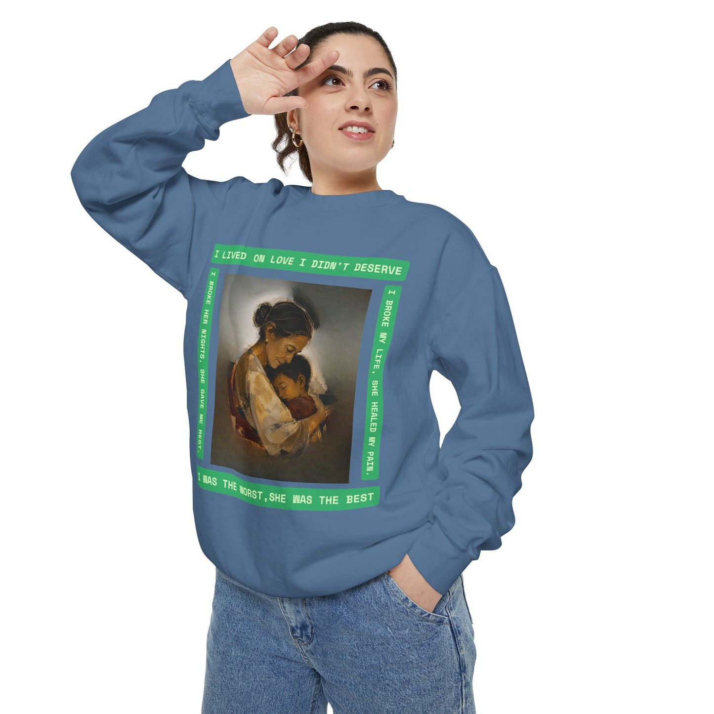 Mother & Child Sweatshirt — Vintage Art Crewneck with "I Lived, I Loved" Quote