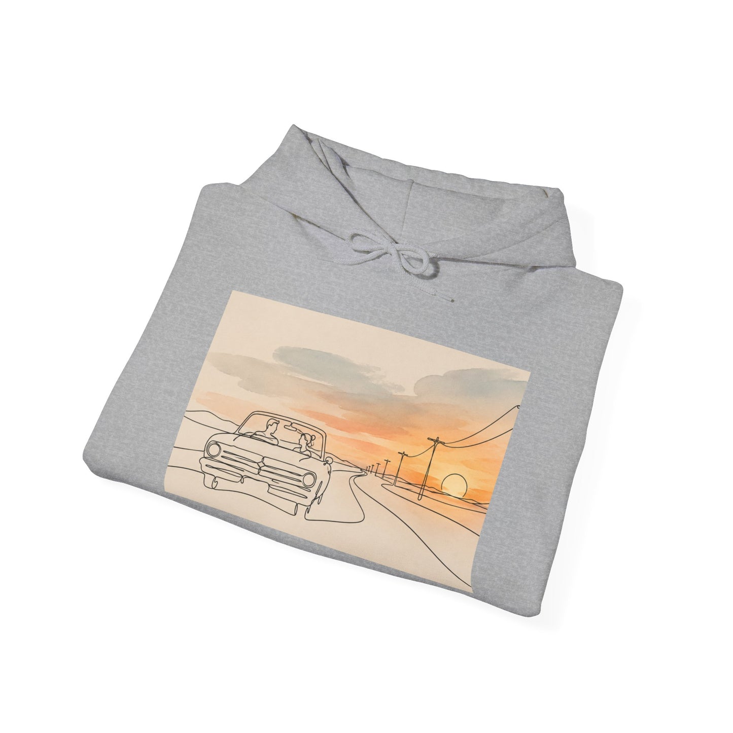 Sunset Drive Hoodie – Retro Car Road Trip Graphic Sweatshirt