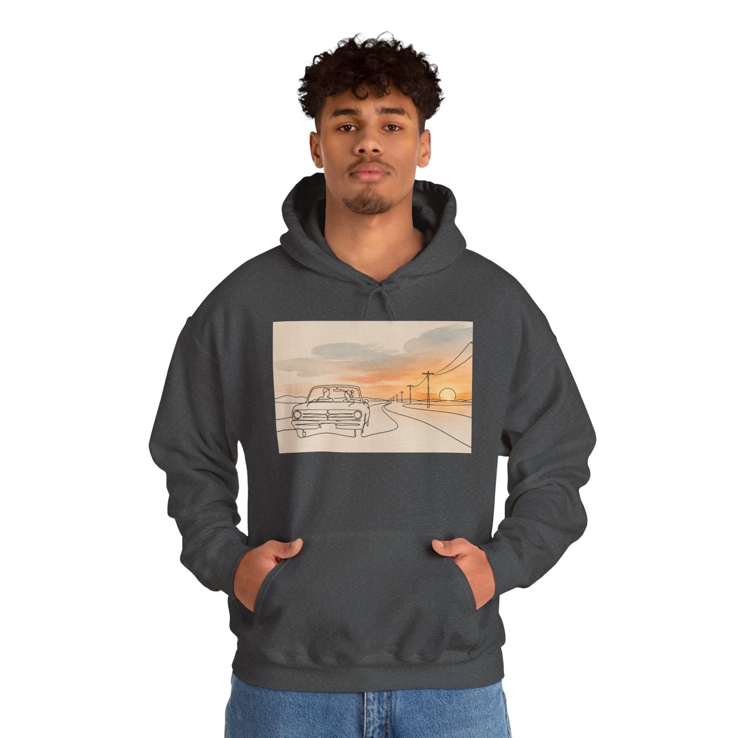 Sunset Drive Hoodie – Retro Car Road Trip Graphic Sweatshirt