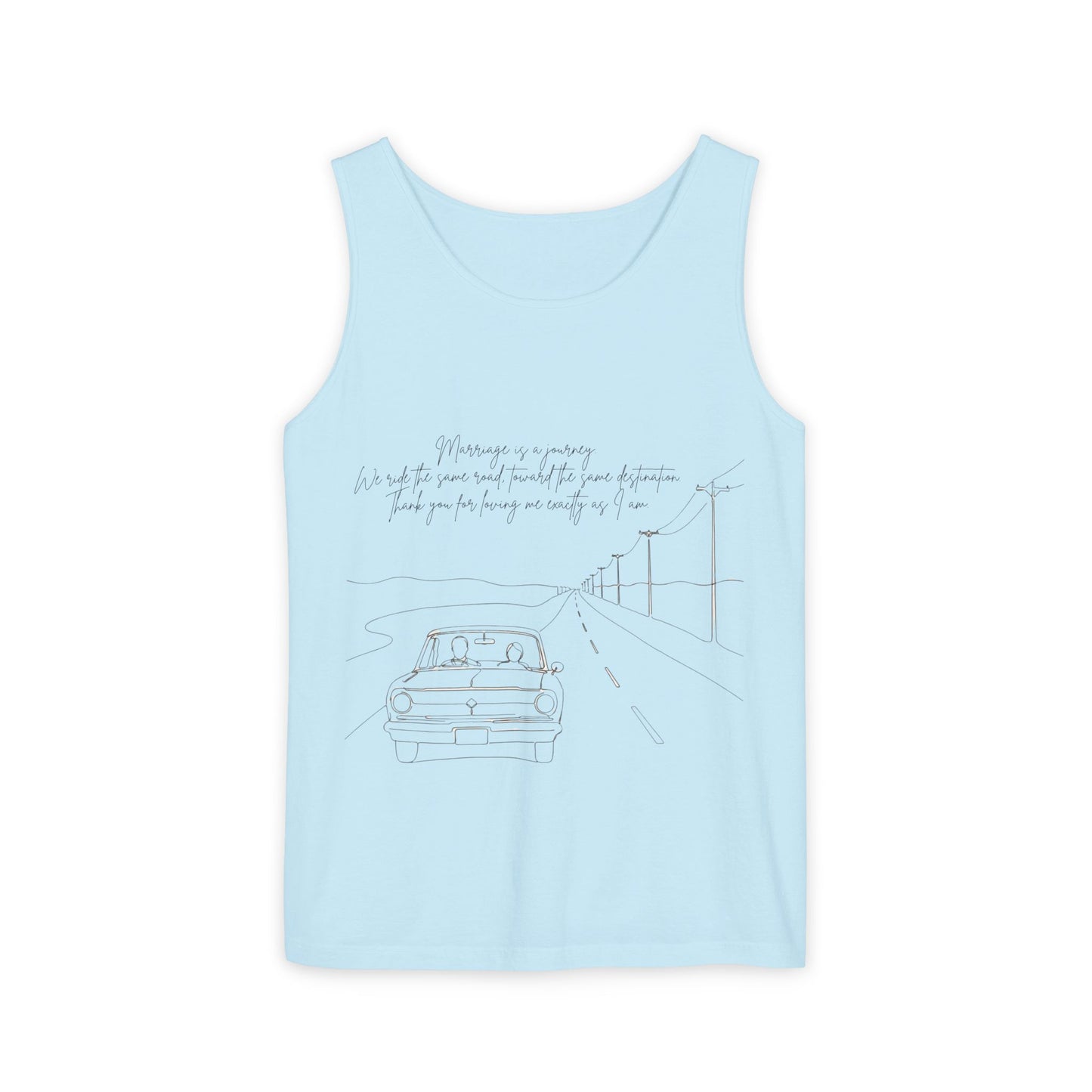 Sketch Roadtrip Tank Top — Minimal Car Line Art with Handwritten Lyric Text