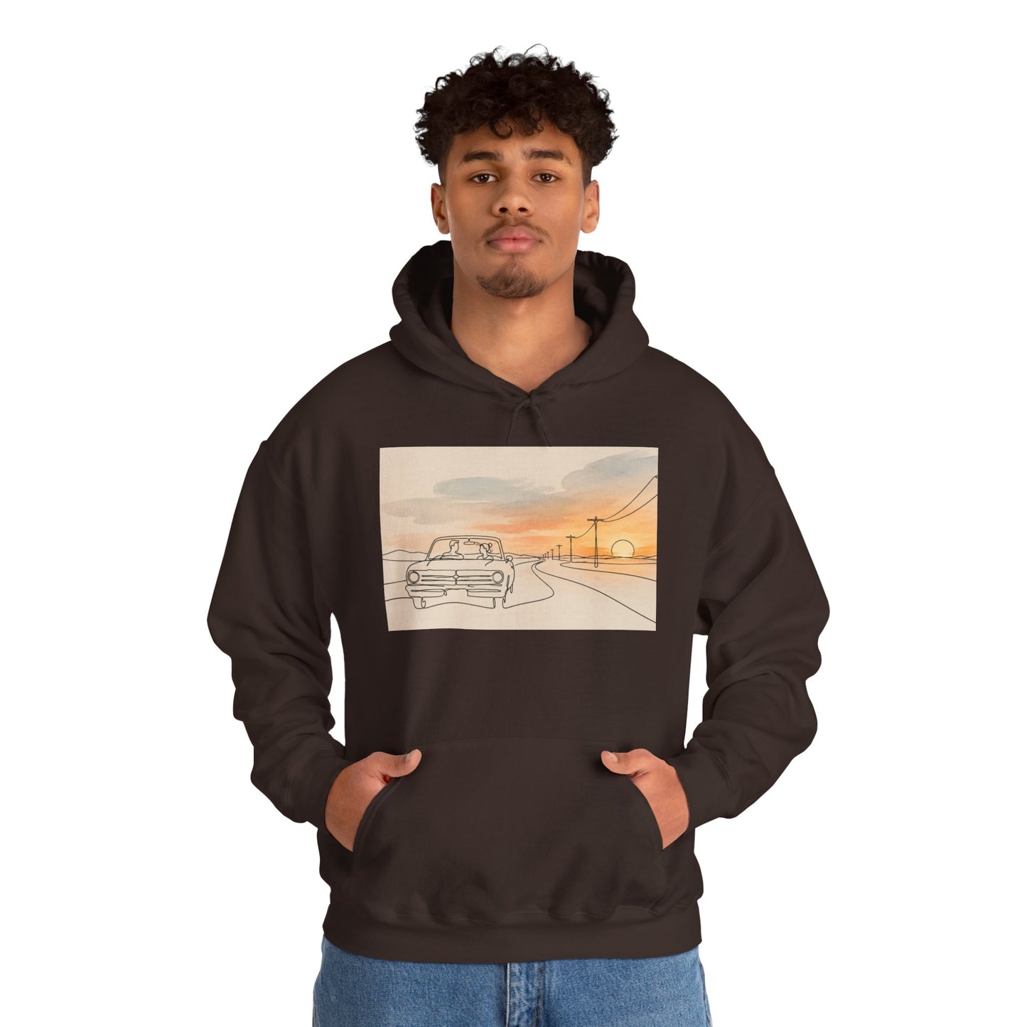 Sunset Drive Hoodie – Retro Car Road Trip Graphic Sweatshirt