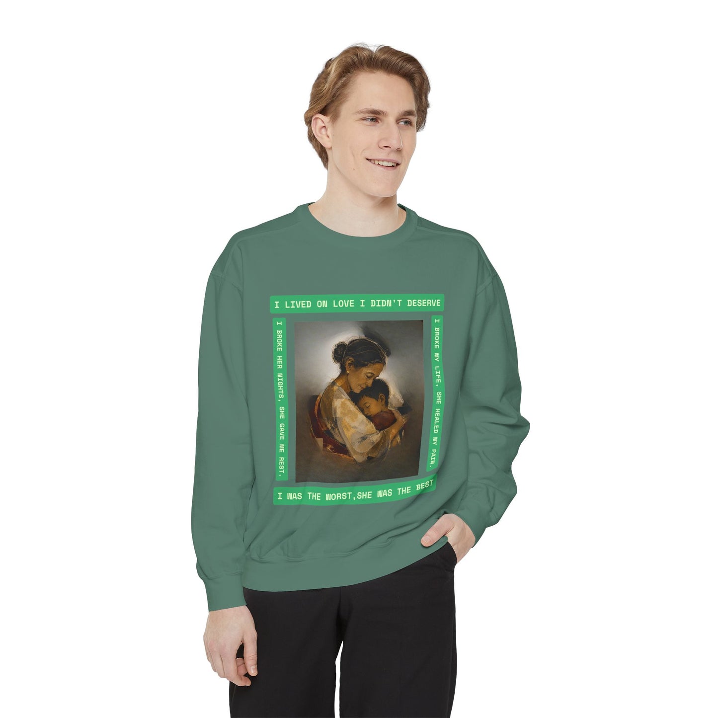 Mother & Child Sweatshirt — Vintage Art Crewneck with "I Lived, I Loved" Quote